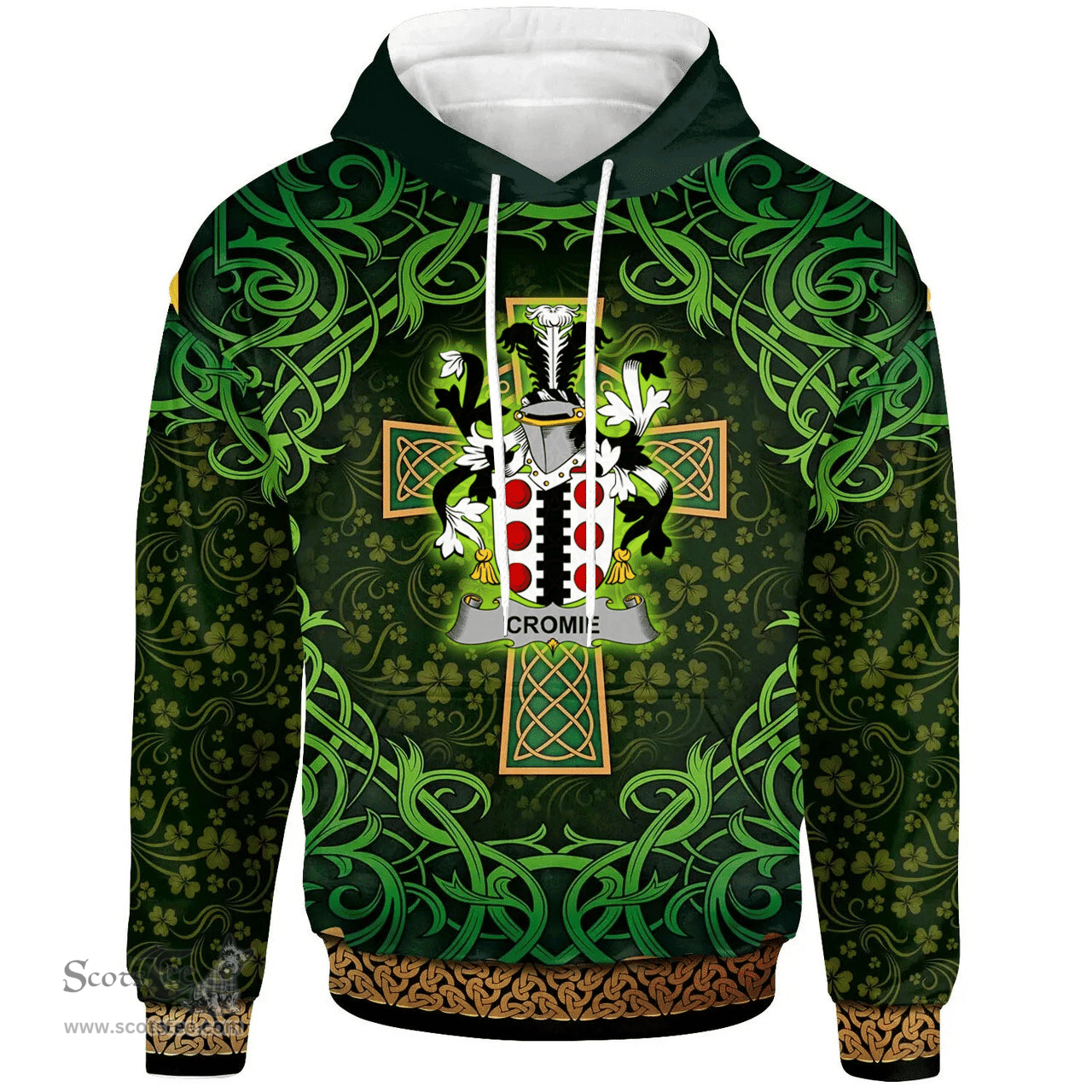 ScotsTee Shop Irish Cromie Coat of Arms Family Crest Ireland Hoodie Celtic Cross Shamrock Patterns
