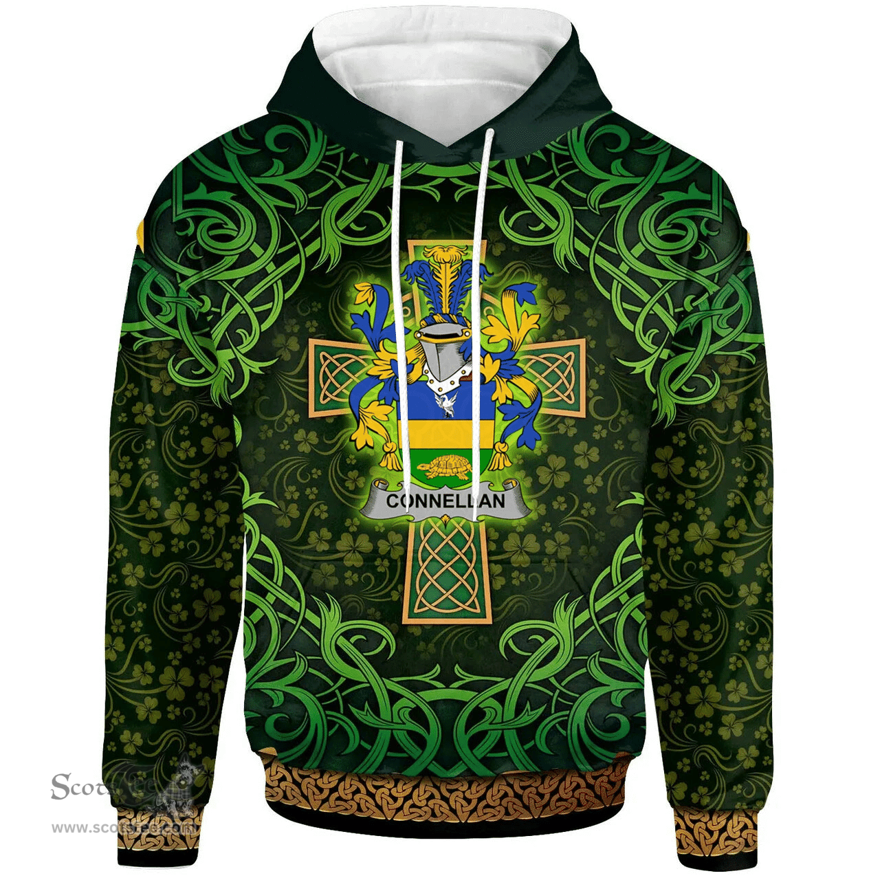ScotsTee Shop Irish Connellan or O'Connellan Coat of Arms Family Crest Ireland Hoodie Celtic Cross Shamrock Patterns