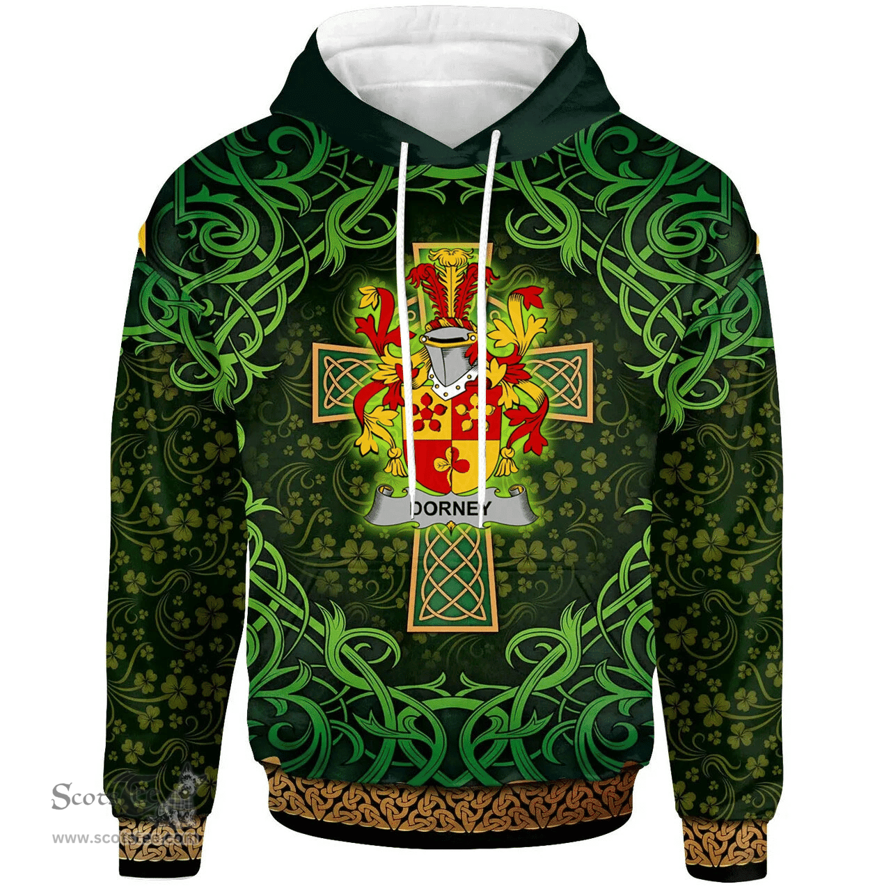 ScotsTee Shop Irish Dorney or O'Dorney Coat of Arms Family Crest Ireland Hoodie Celtic Cross Shamrock Patterns
