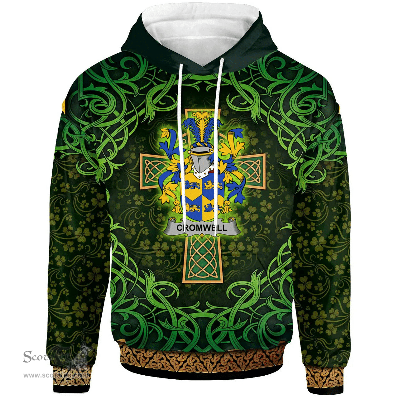 ScotsTee Shop Irish Cromwell Coat of Arms Family Crest Ireland Hoodie Celtic Cross Shamrock Patterns