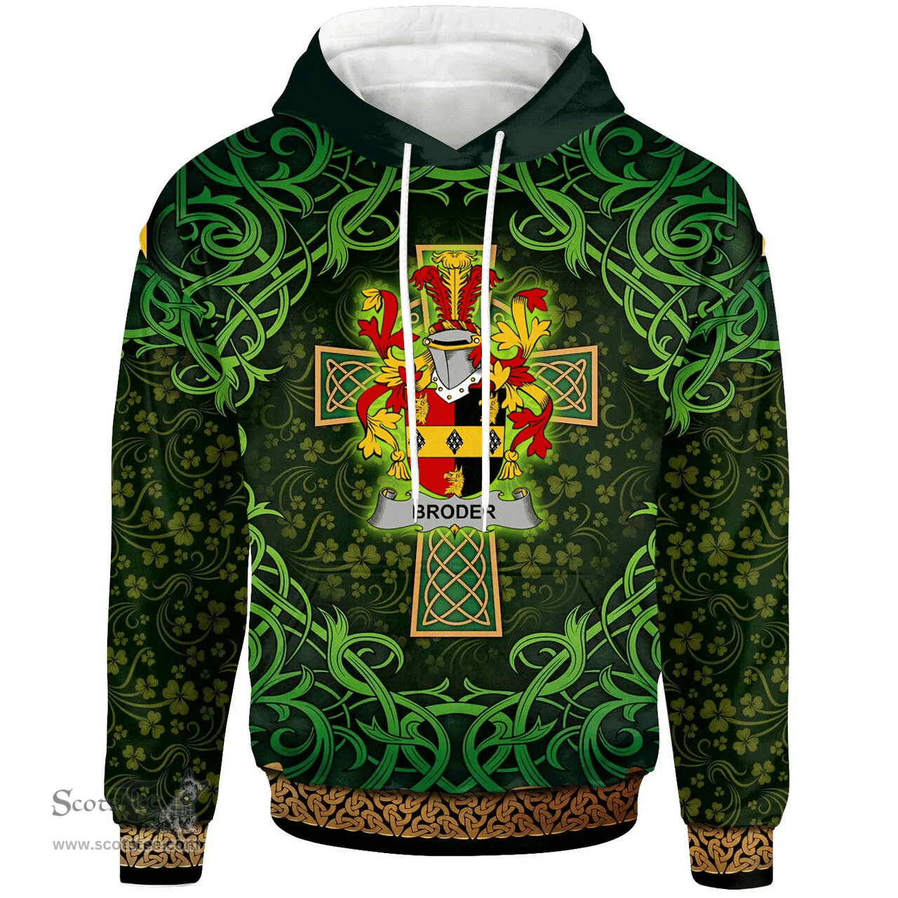ScotsTee Shop Irish Broder or O'Broder Coat of Arms Family Crest Ireland Hoodie Celtic Cross Shamrock Patterns
