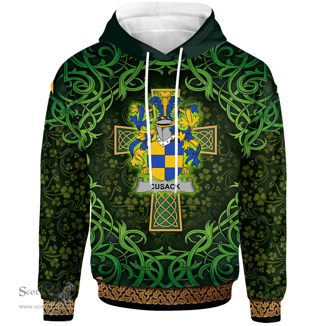 ScotsTee Shop Irish Cusack Coat of Arms Family Crest Ireland Hoodie Celtic Cross Shamrock Patterns