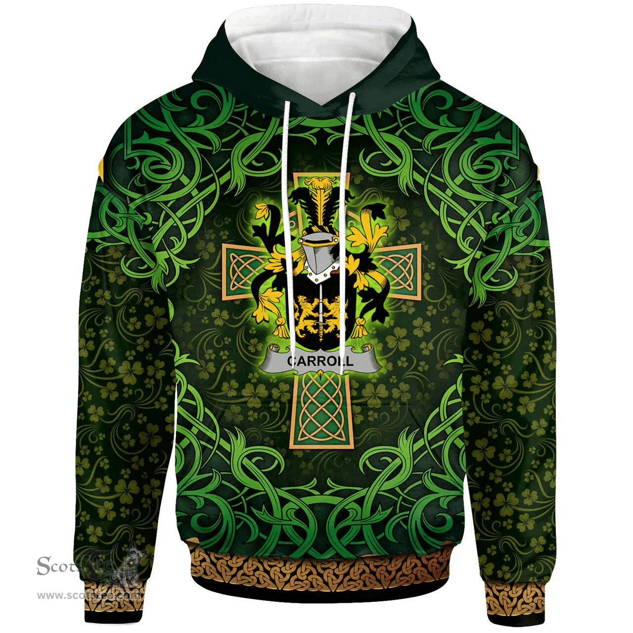 ScotsTee Shop Irish Carroll or O'Carroll Coat of Arms Family Crest Ireland Hoodie Celtic Cross Shamrock Patterns