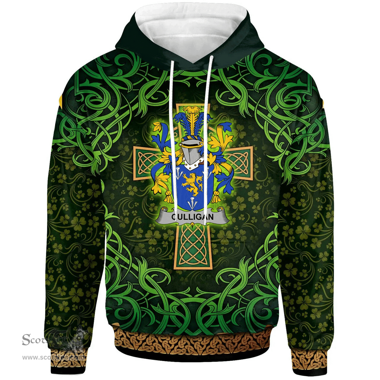ScotsTee Shop Irish Culligan or McColgan Coat of Arms Family Crest Ireland Hoodie Celtic Cross Shamrock Patterns