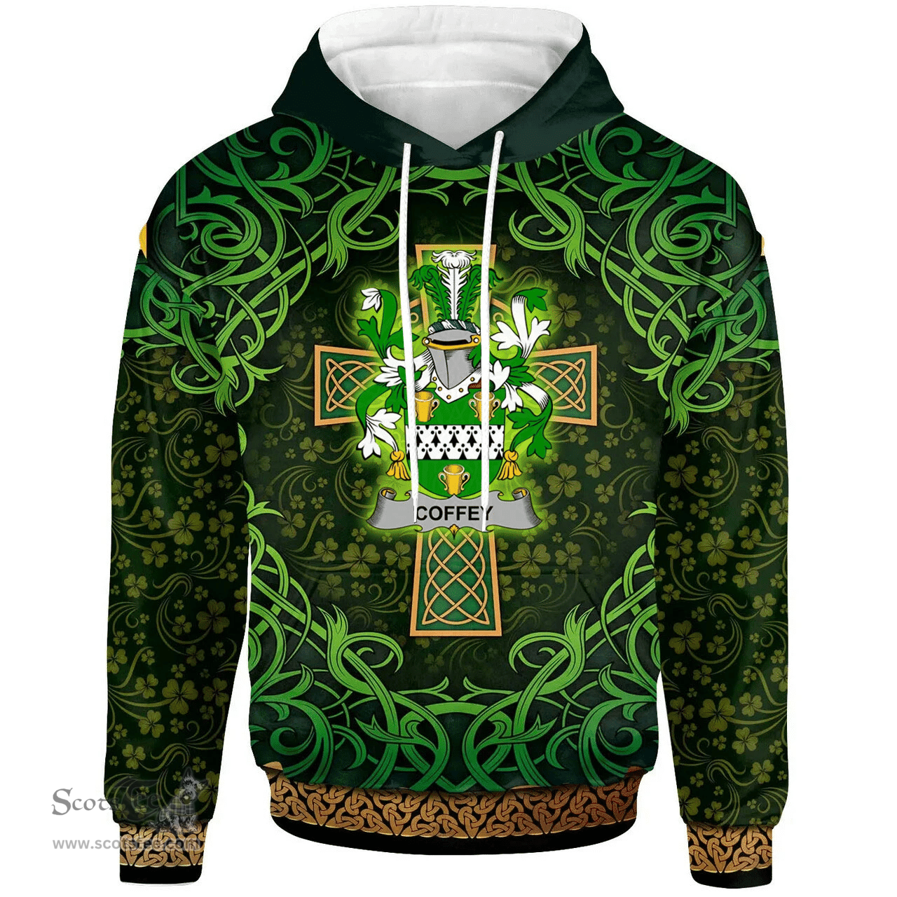 ScotsTee Shop Irish Coffey or O'Coffey Coat of Arms Family Crest Ireland Hoodie Celtic Cross Shamrock Patterns