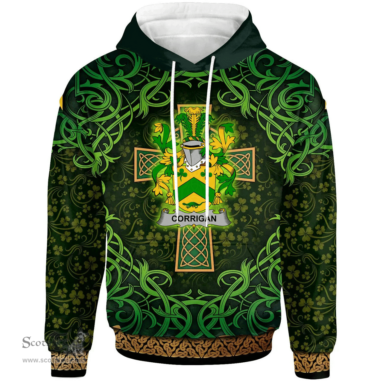ScotsTee Shop Irish Corrigan or O'Corrigan Coat of Arms Family Crest Ireland Hoodie Celtic Cross Shamrock Patterns