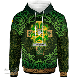 ScotsTee Shop Irish Corrigan or O'Corrigan Coat of Arms Family Crest Ireland Hoodie Celtic Cross Shamrock Patterns