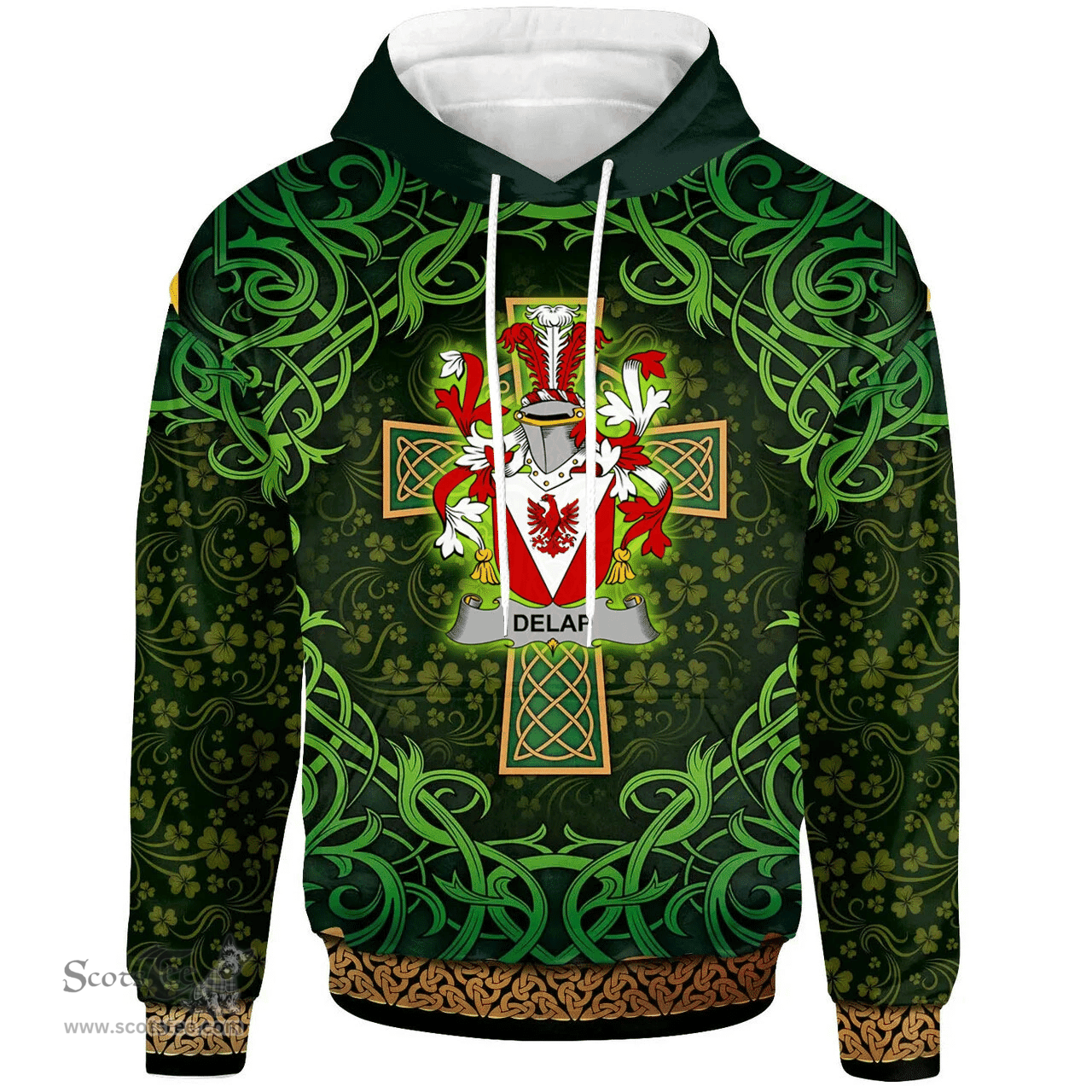 ScotsTee Shop Irish Delap Coat of Arms Family Crest Ireland Hoodie Celtic Cross Shamrock Patterns