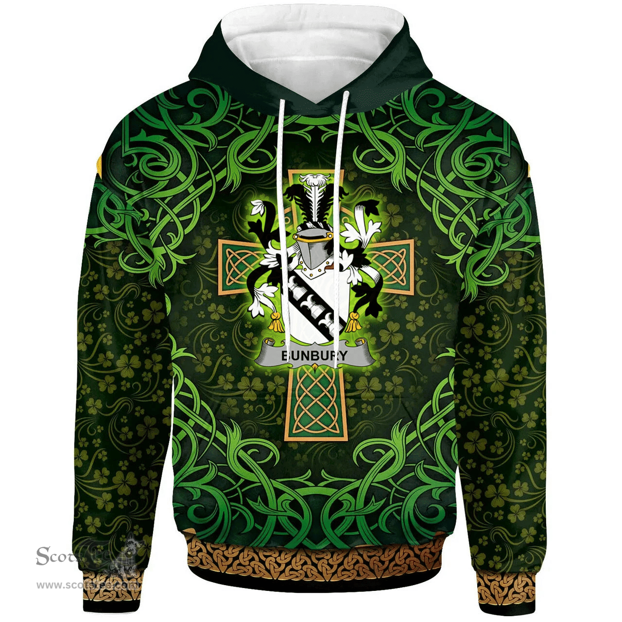 ScotsTee Shop Irish Bunbury Coat of Arms Family Crest Ireland Hoodie Celtic Cross Shamrock Patterns