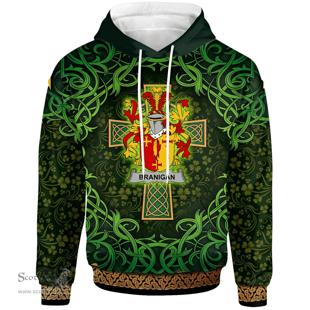 ScotsTee Shop Irish Branigan or O'Branagan Coat of Arms Family Crest Ireland Hoodie Celtic Cross Shamrock Patterns