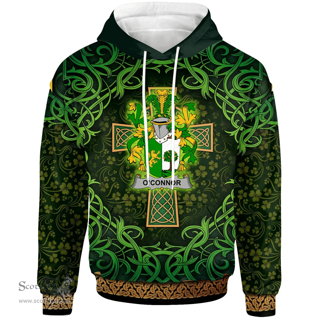 ScotsTee Shop Irish Connor or O'Connor (Sligo) Coat of Arms Family Crest Ireland Hoodie Celtic Cross Shamrock Patterns