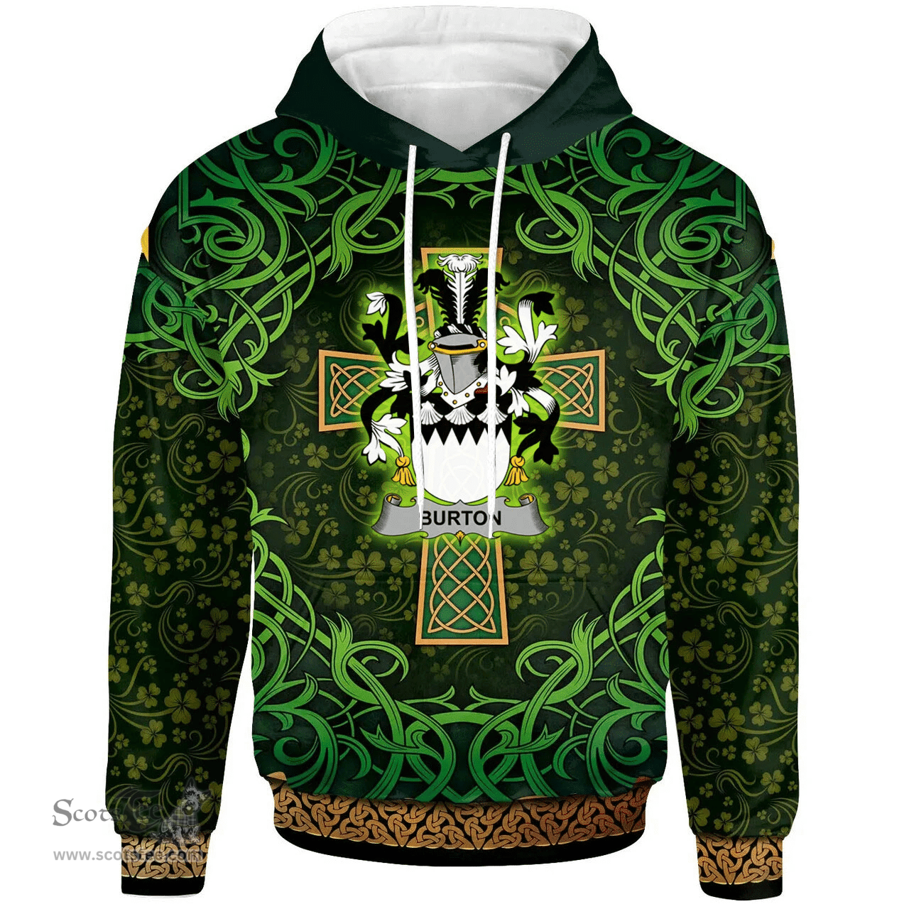 ScotsTee Shop Irish Burton Coat of Arms Family Crest Ireland Hoodie Celtic Cross Shamrock Patterns