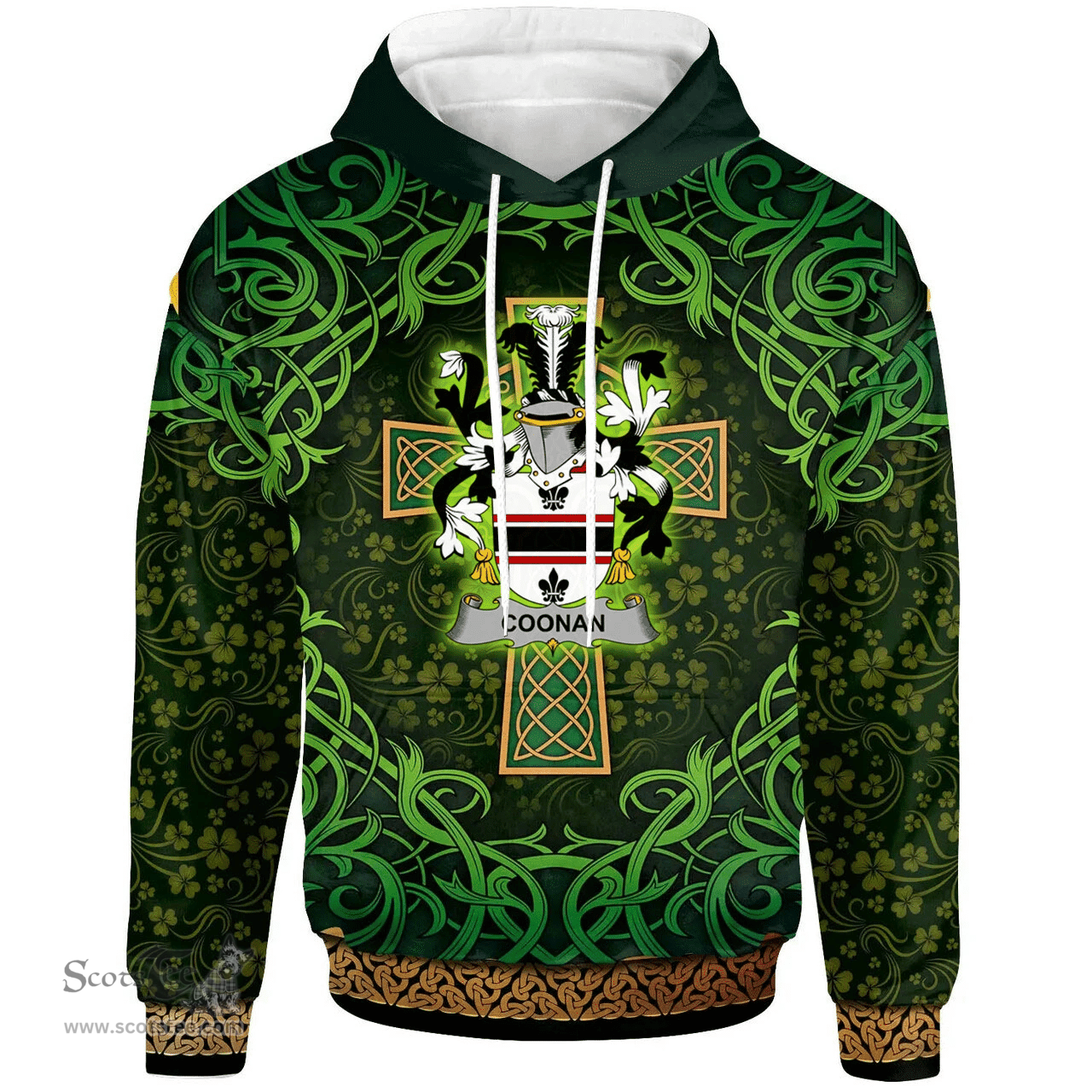 ScotsTee Shop Irish Coonan or O'Conan Coat of Arms Family Crest Ireland Hoodie Celtic Cross Shamrock Patterns