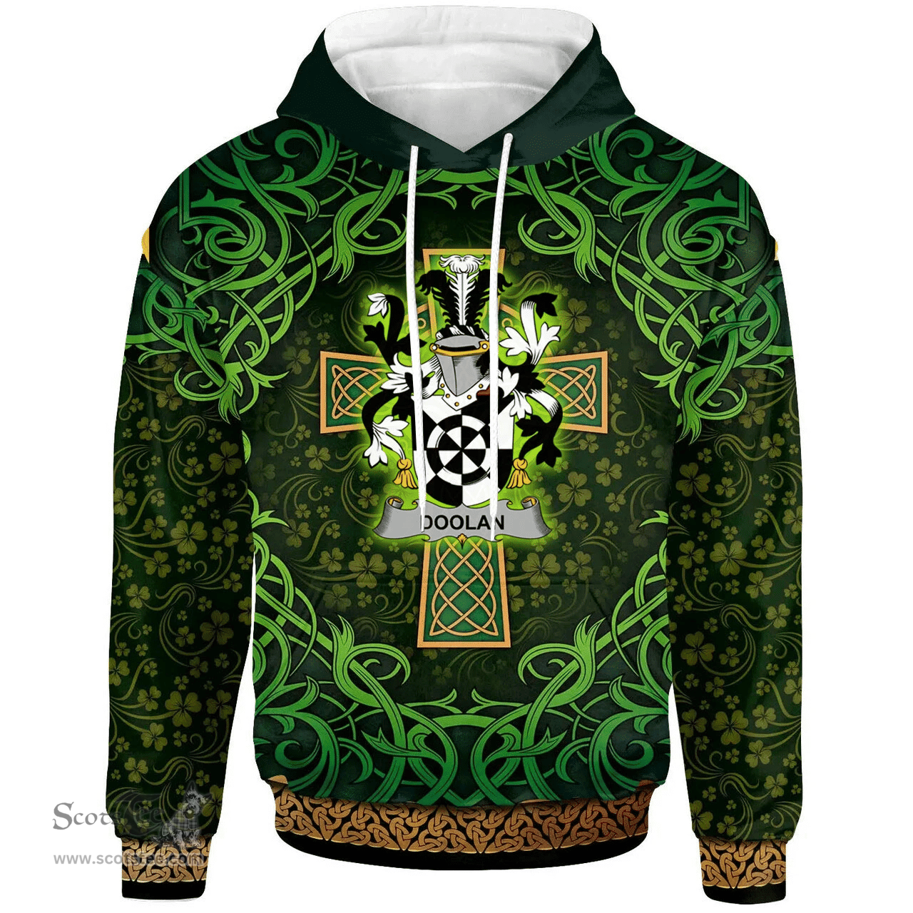 ScotsTee Shop Irish Doolan or O'Doolan Coat of Arms Family Crest Ireland Hoodie Celtic Cross Shamrock Patterns