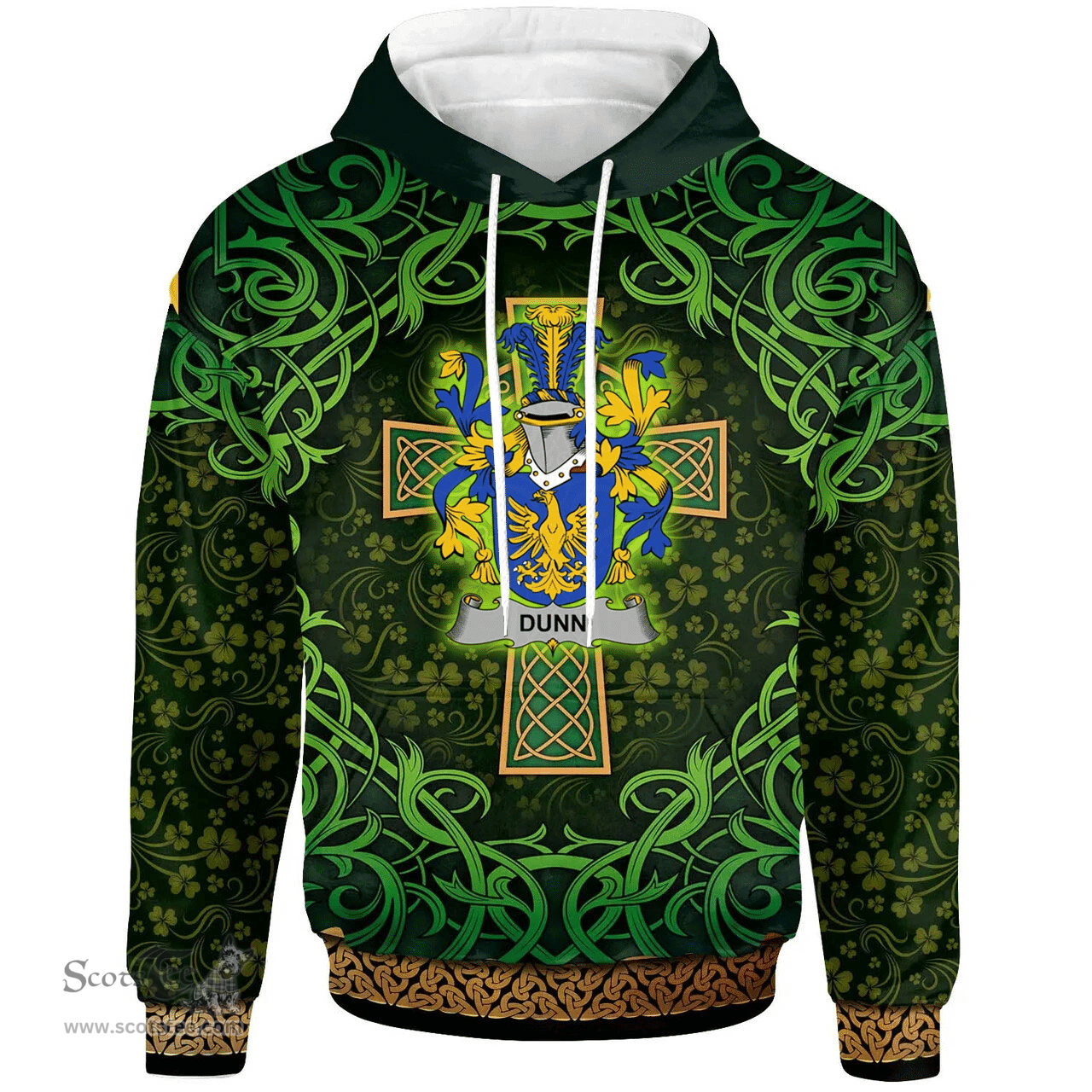 ScotsTee Shop Irish Dunn or O'Dunn Coat of Arms Family Crest Ireland Hoodie Celtic Cross Shamrock Patterns