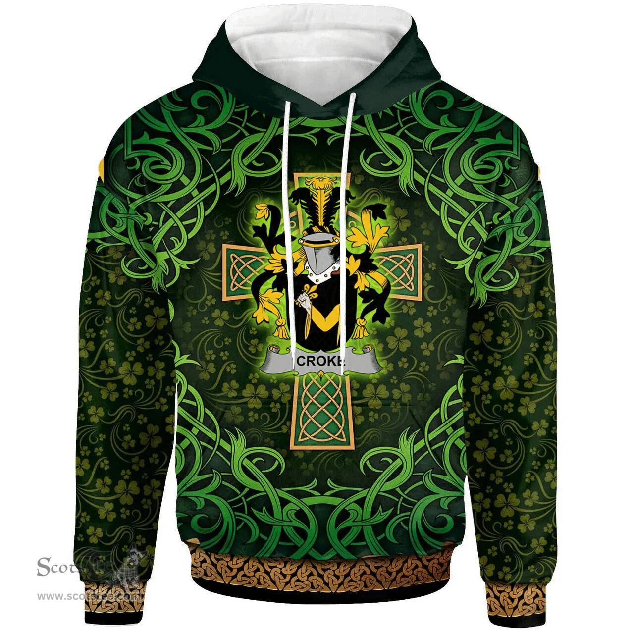 ScotsTee Shop Irish Croke Coat of Arms Family Crest Ireland Hoodie Celtic Cross Shamrock Patterns