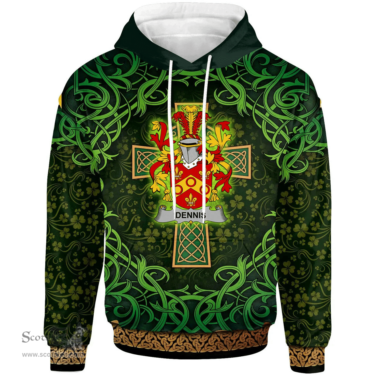 ScotsTee Shop Irish Dennis Coat of Arms Family Crest Ireland Hoodie Celtic Cross Shamrock Patterns