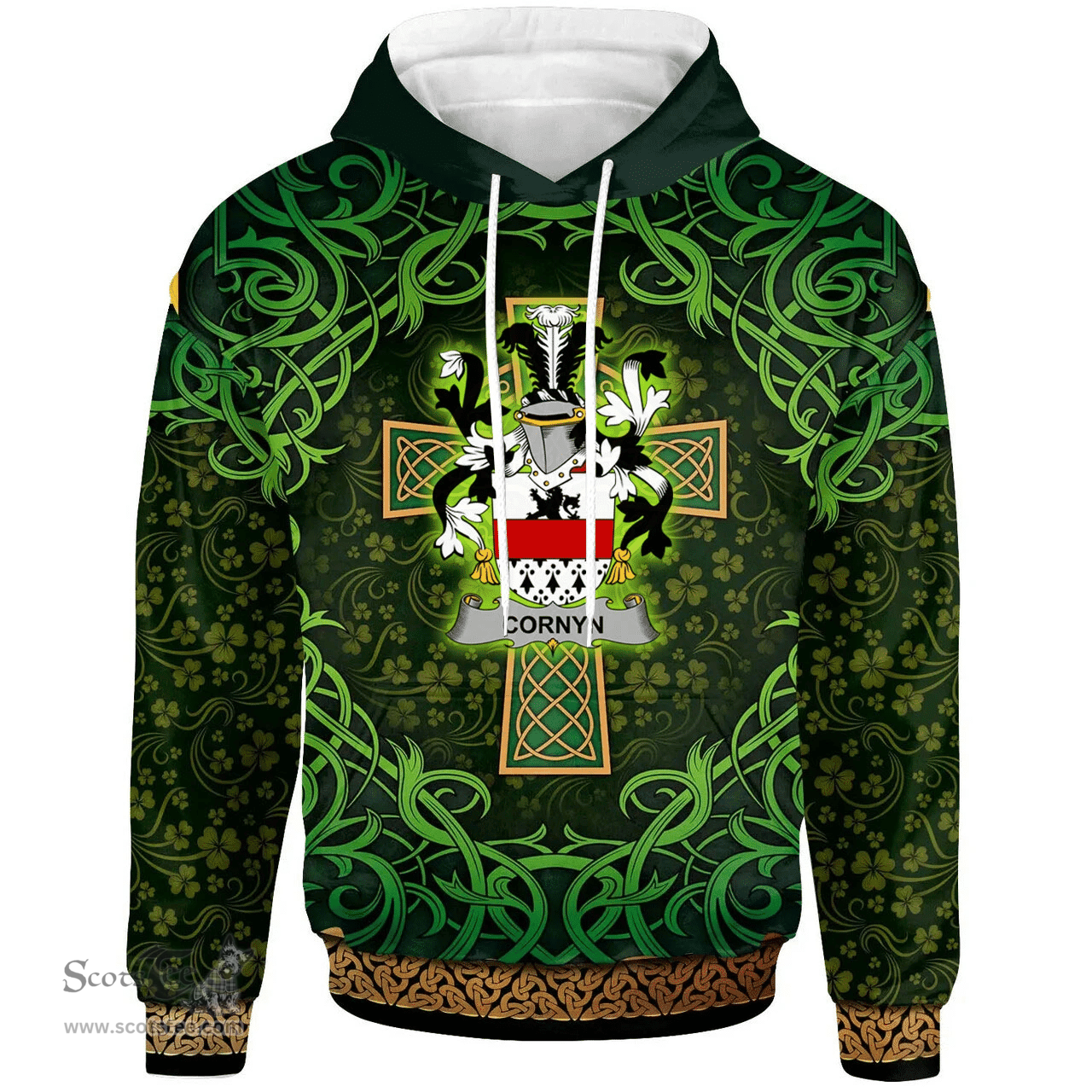 ScotsTee Shop Irish Cornyn or O'Cornyn Coat of Arms Family Crest Ireland Hoodie Celtic Cross Shamrock Patterns