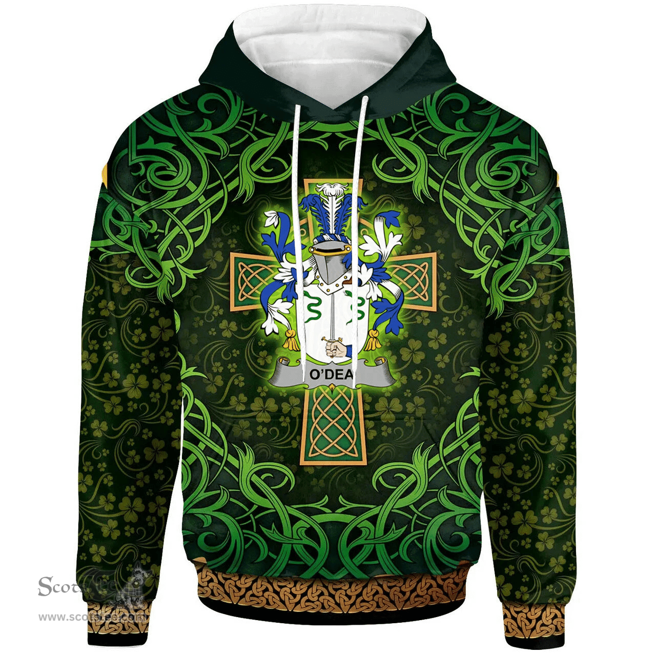 ScotsTee Shop Irish Dea or O'Dea Coat of Arms Family Crest Ireland Hoodie Celtic Cross Shamrock Patterns