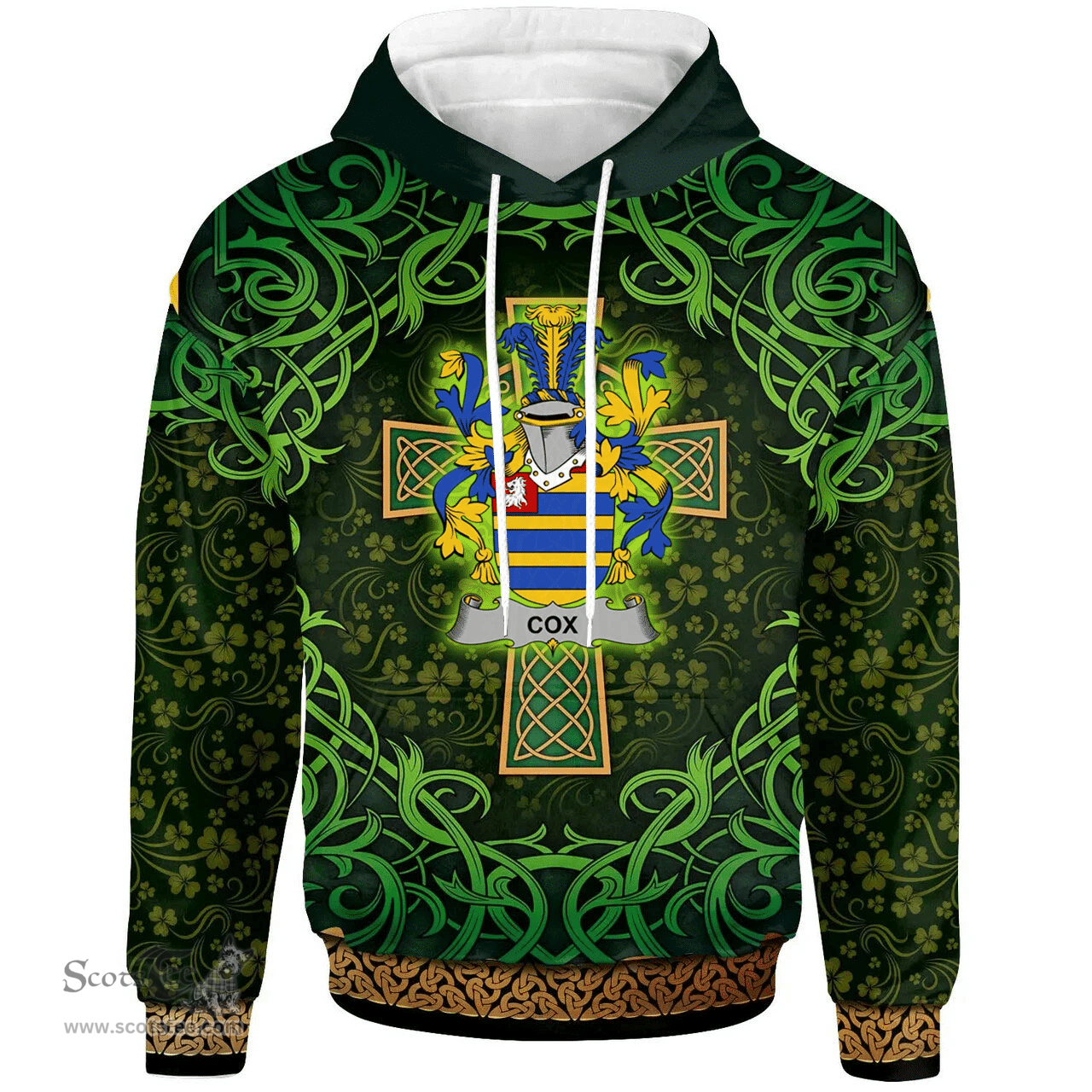 ScotsTee Shop Irish Cox Coat of Arms Family Crest Ireland Hoodie Celtic Cross Shamrock Patterns