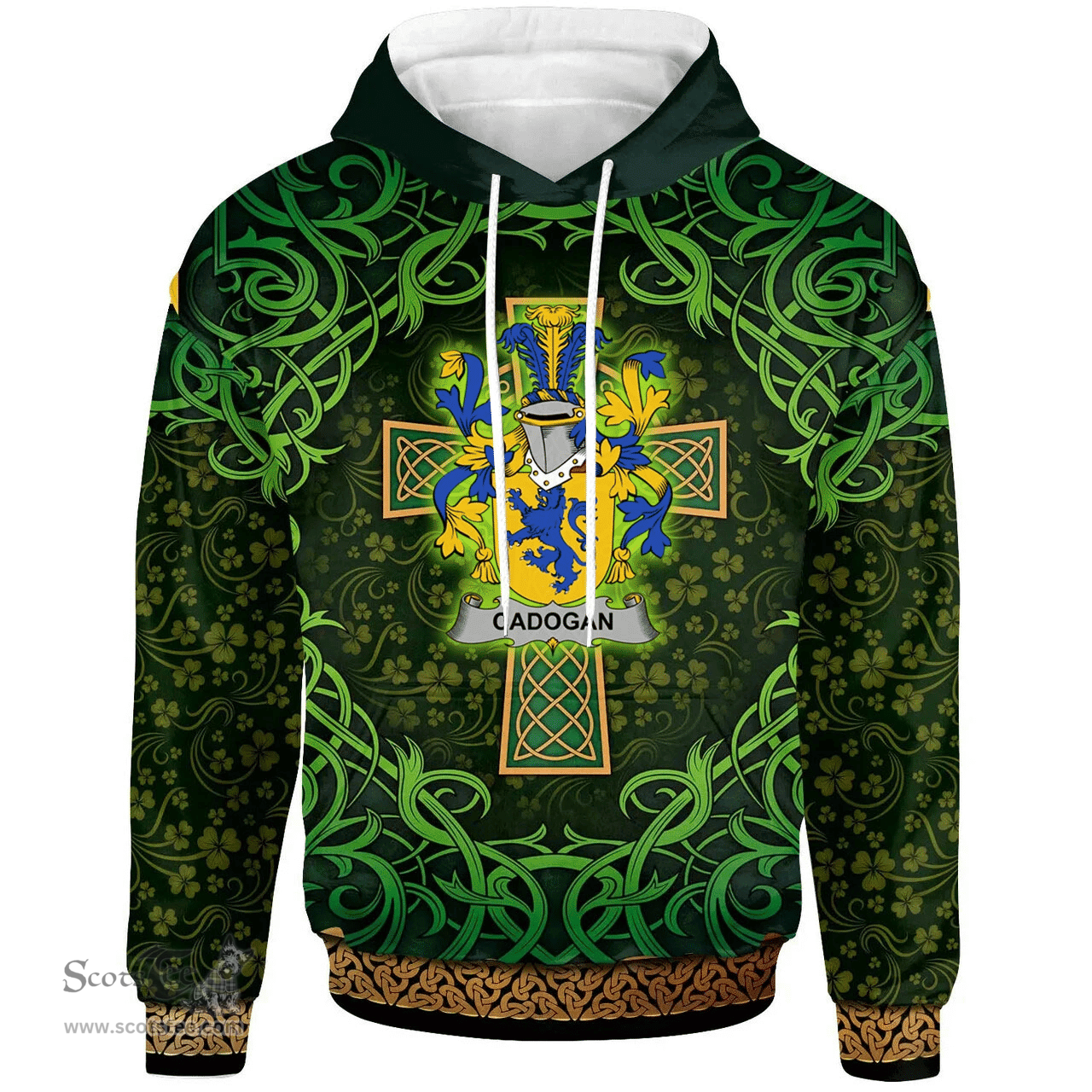 ScotsTee Shop Irish Cadogan Coat of Arms Family Crest Ireland Hoodie Celtic Cross Shamrock Patterns