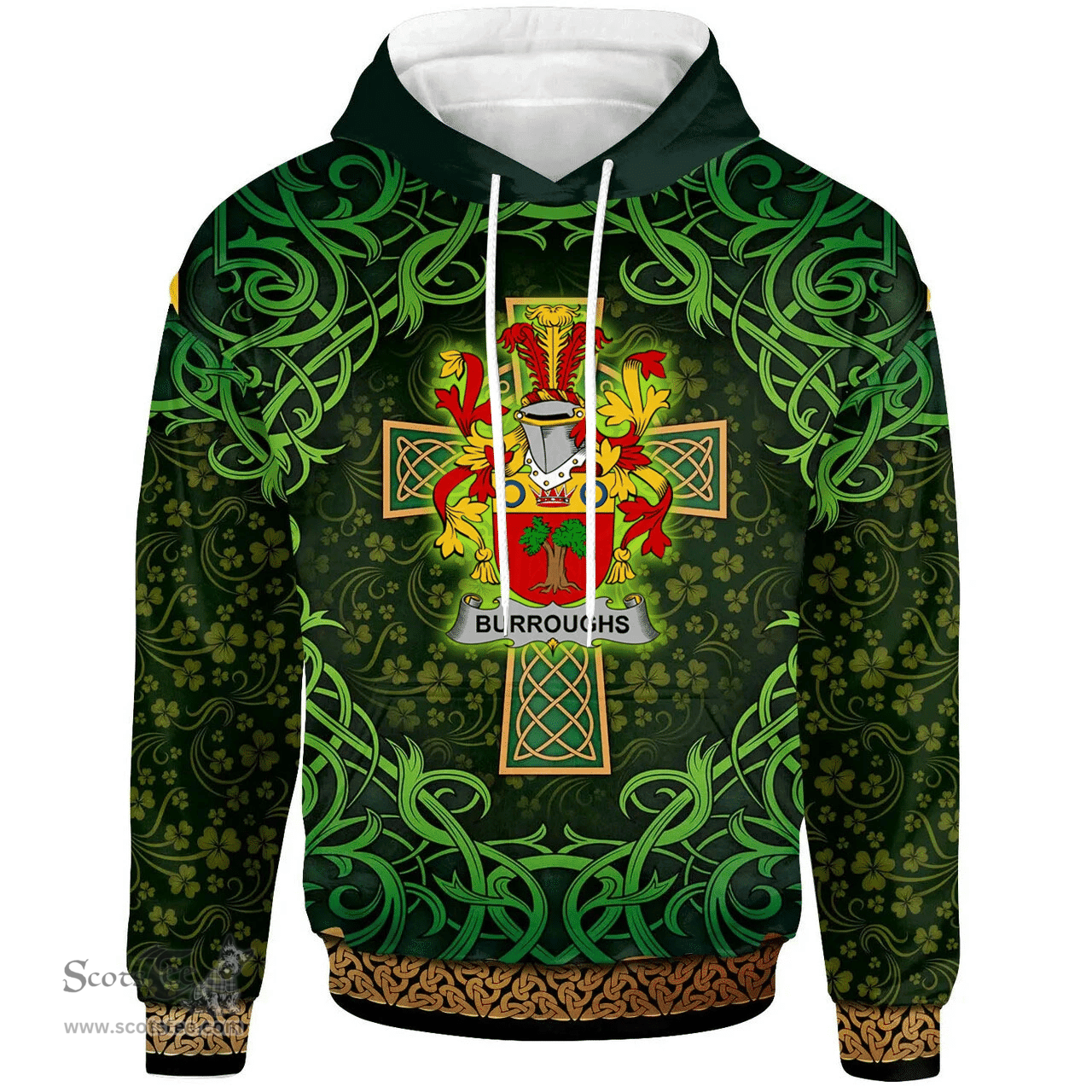 ScotsTee Shop Irish Burroughs Coat of Arms Family Crest Ireland Hoodie Celtic Cross Shamrock Patterns