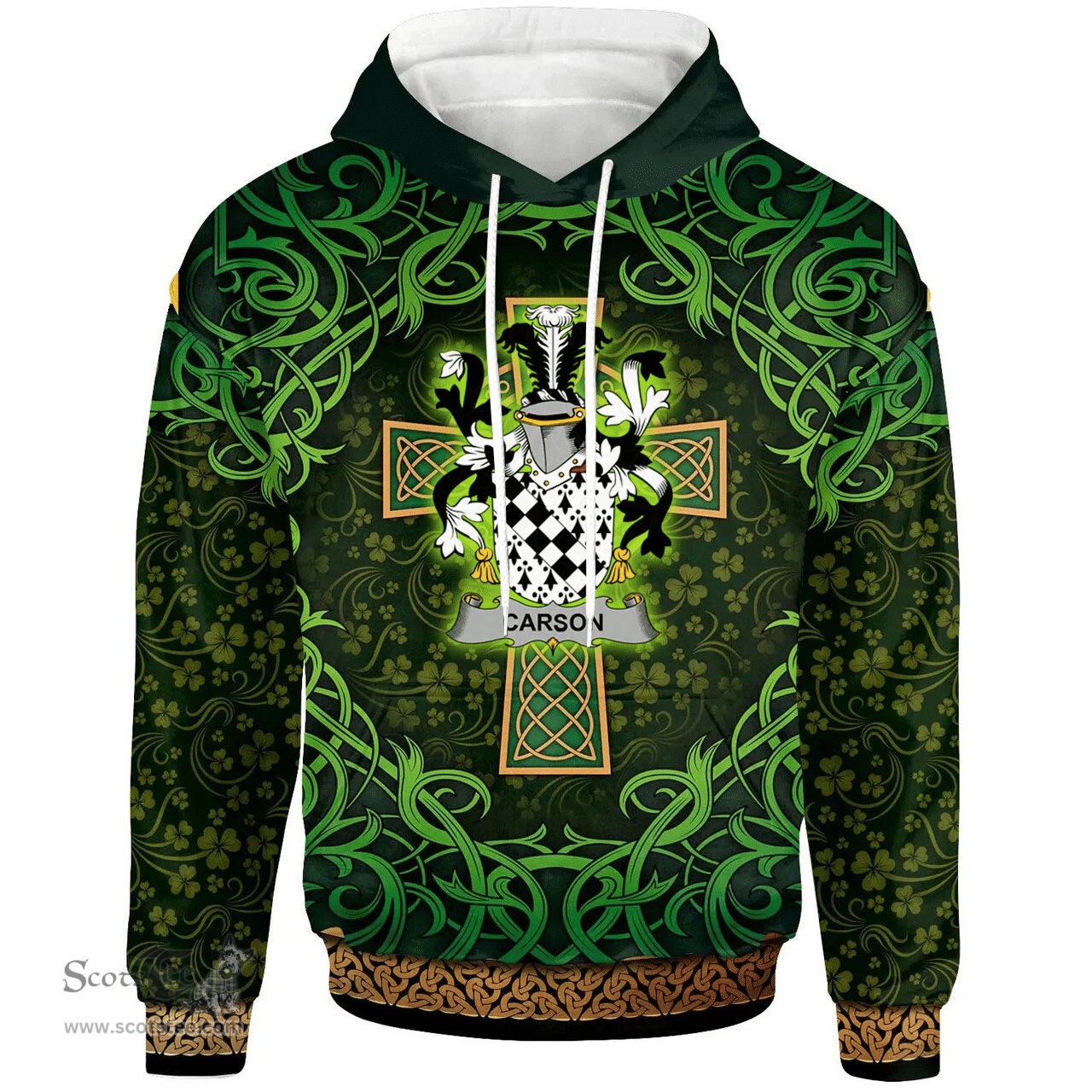 ScotsTee Shop Irish Carson Coat of Arms Family Crest Ireland Hoodie Celtic Cross Shamrock Patterns