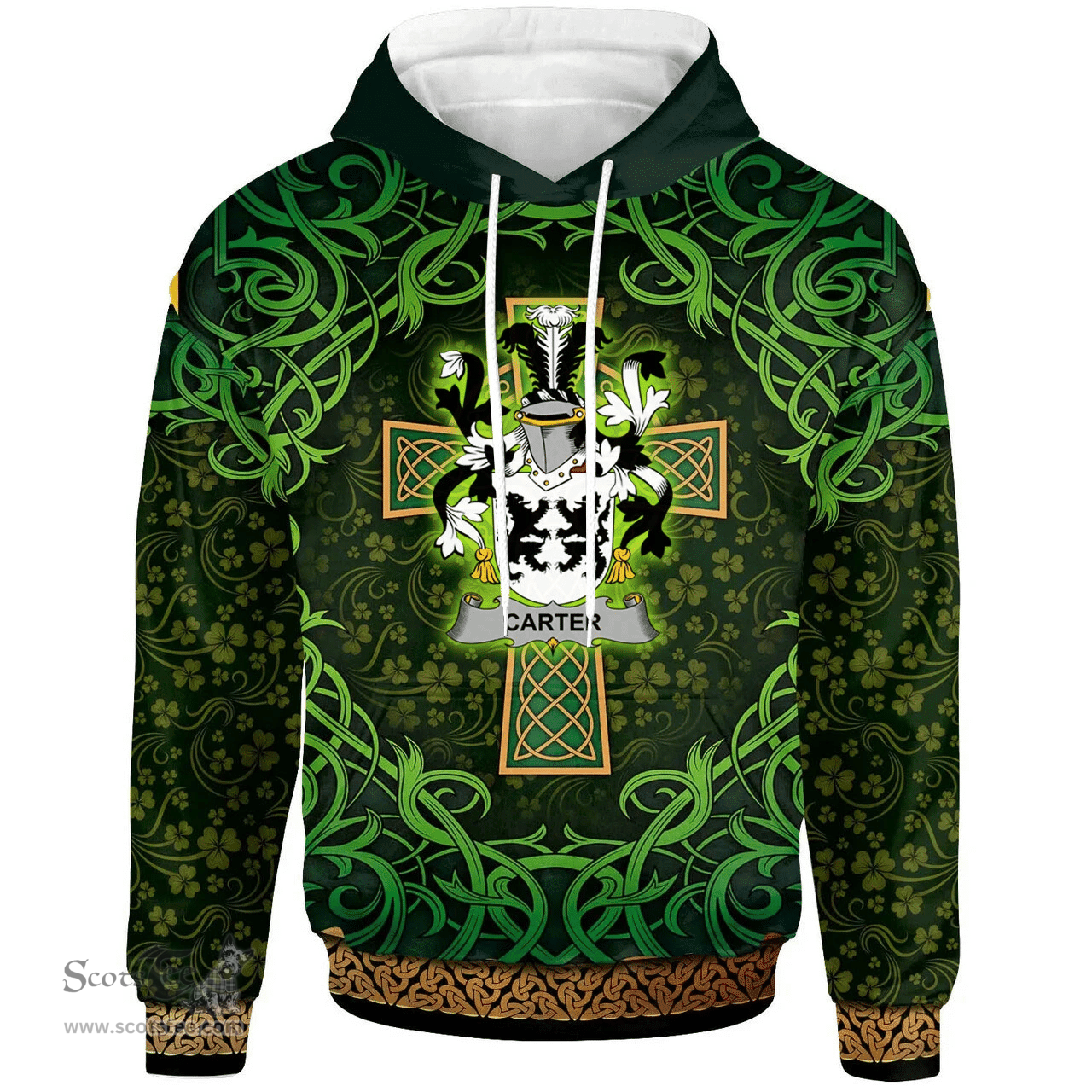 ScotsTee Shop Irish Carter Coat of Arms Family Crest Ireland Hoodie Celtic Cross Shamrock Patterns
