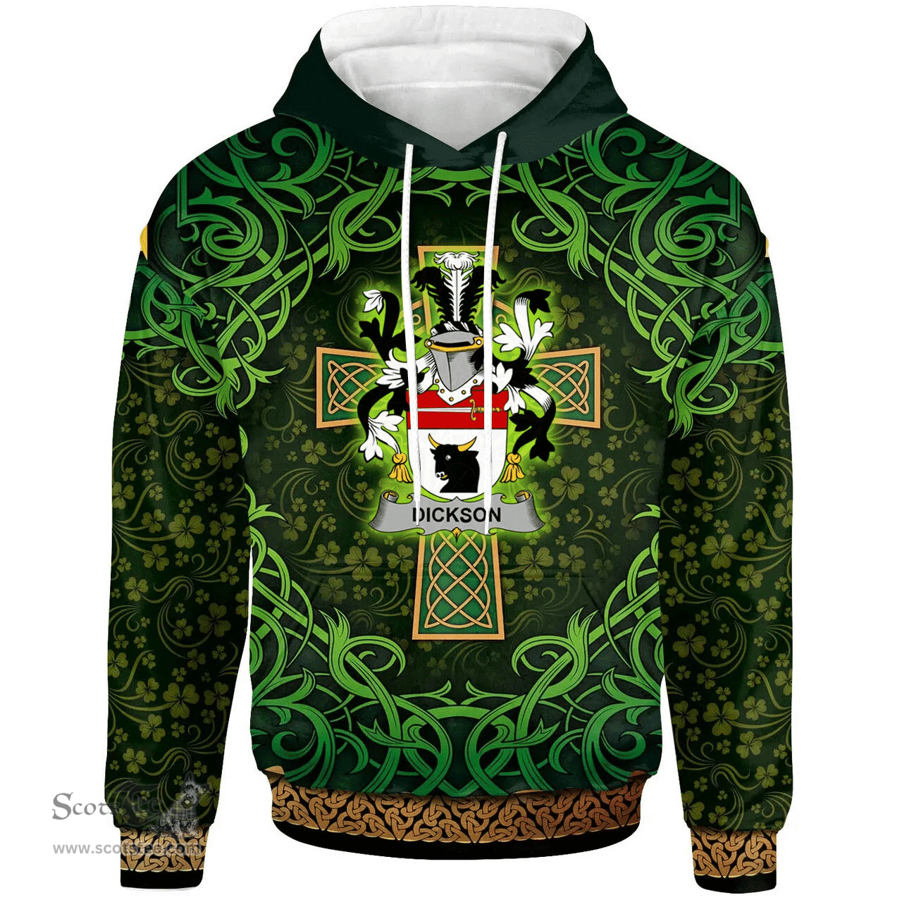 ScotsTee Shop Irish Dickson Coat of Arms Family Crest Ireland Hoodie Celtic Cross Shamrock Patterns