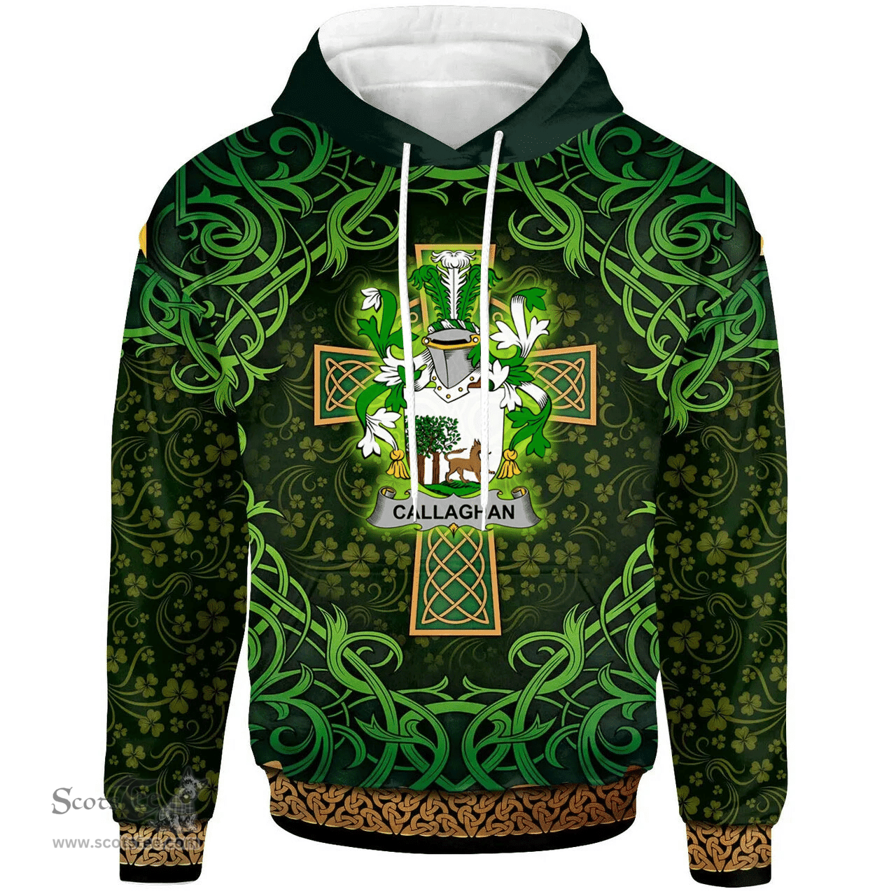 ScotsTee Shop Irish Callaghan or O'Callaghan Coat of Arms Family Crest Ireland Hoodie Celtic Cross Shamrock Patterns