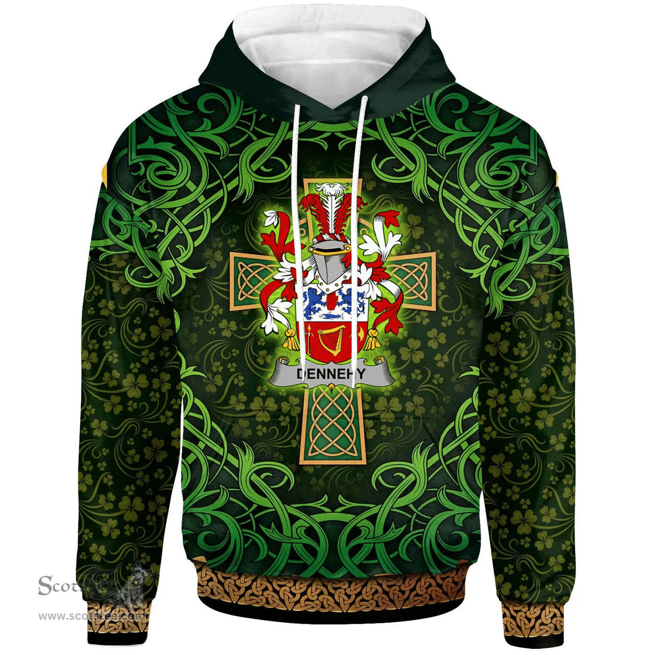 ScotsTee Shop Irish Dennehy or O'Dennehy Coat of Arms Family Crest Ireland Hoodie Celtic Cross Shamrock Patterns