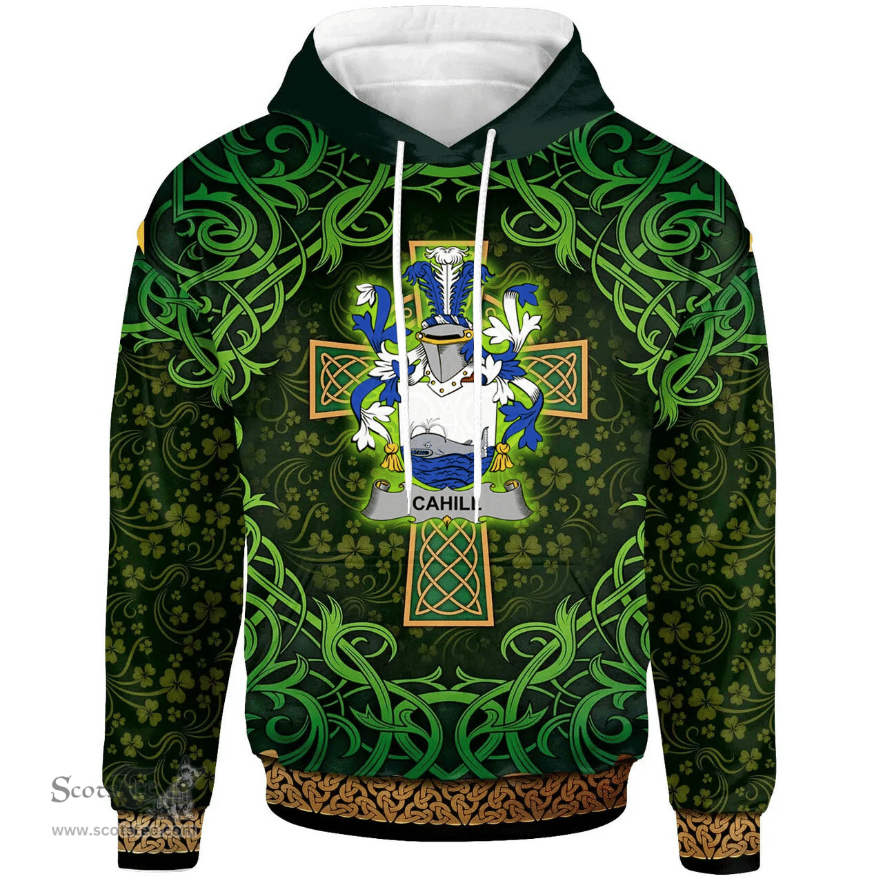 ScotsTee Shop Irish Cahill or O'Cahill Coat of Arms Family Crest Ireland Hoodie Celtic Cross Shamrock Patterns