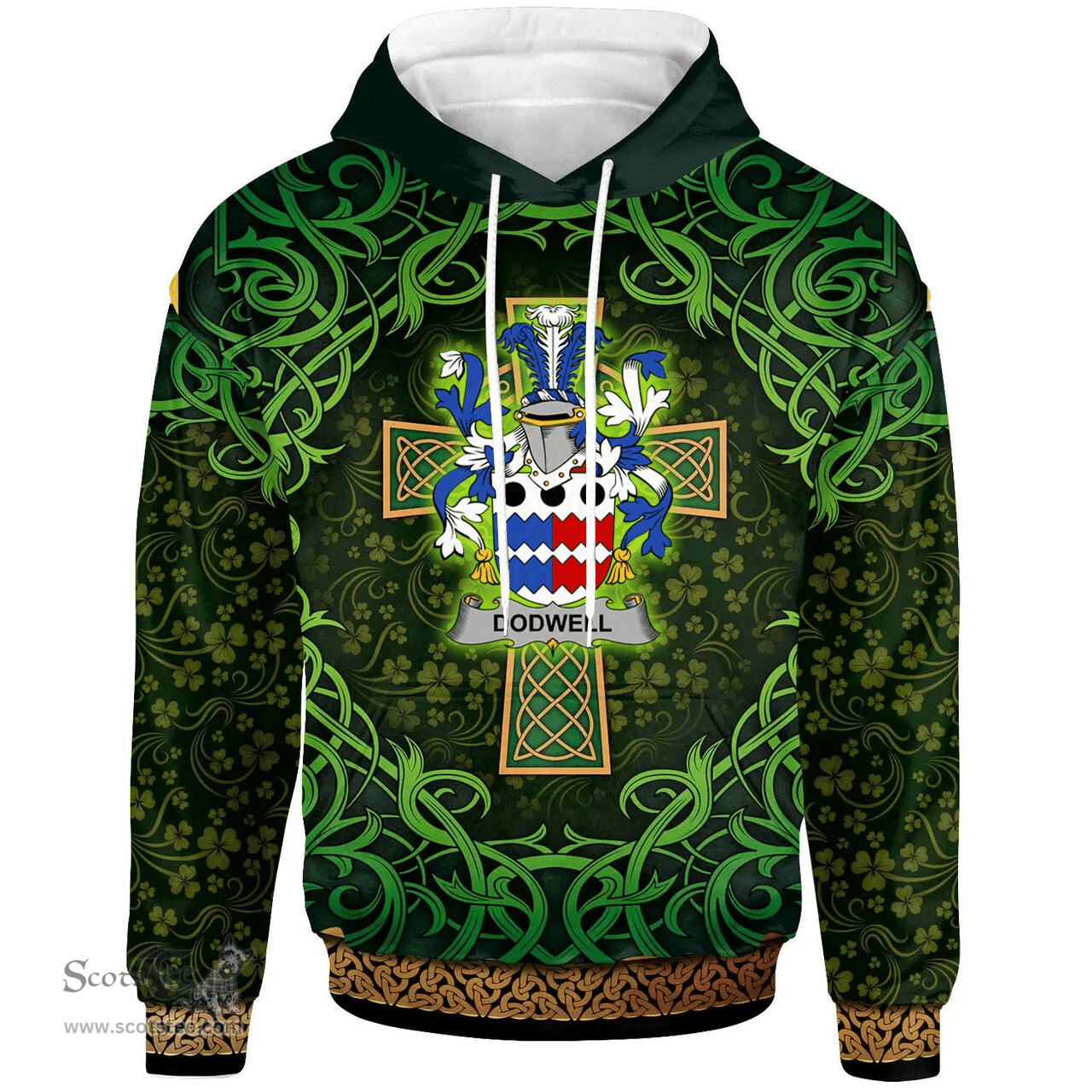 ScotsTee Shop Irish Dodwell Coat of Arms Family Crest Ireland Hoodie Celtic Cross Shamrock Patterns