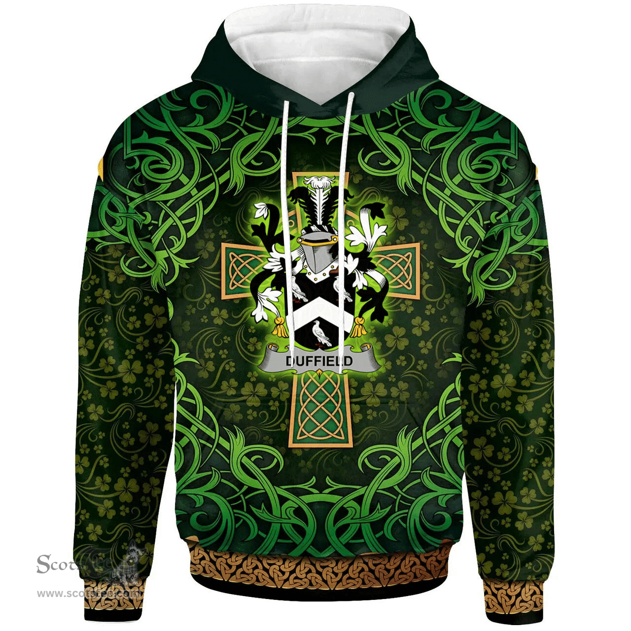 ScotsTee Shop Irish Duffield Coat of Arms Family Crest Ireland Hoodie Celtic Cross Shamrock Patterns