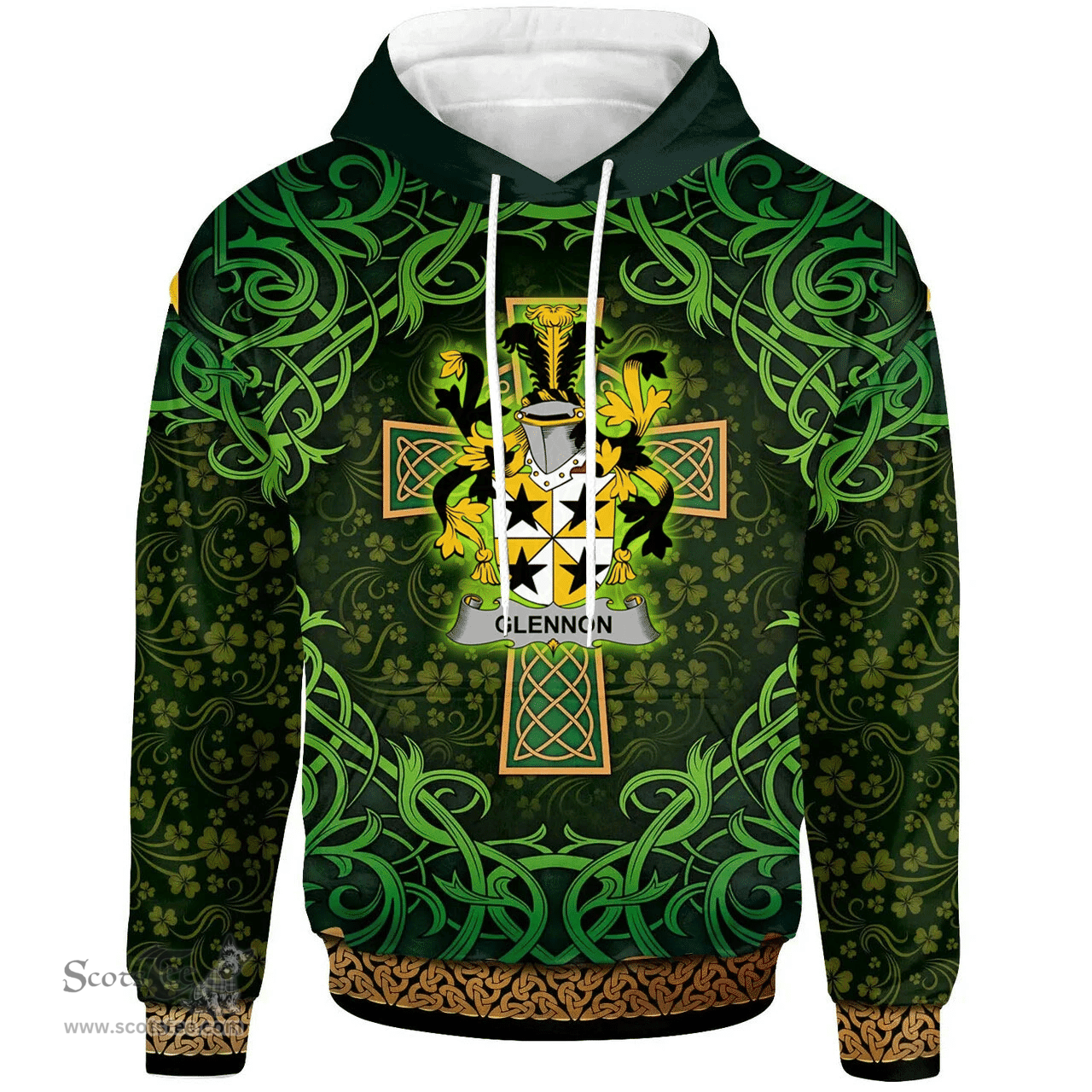 ScotsTee Shop Irish Glennon or Glenane Coat of Arms Family Crest Ireland Hoodie Celtic Cross Shamrock Patterns
