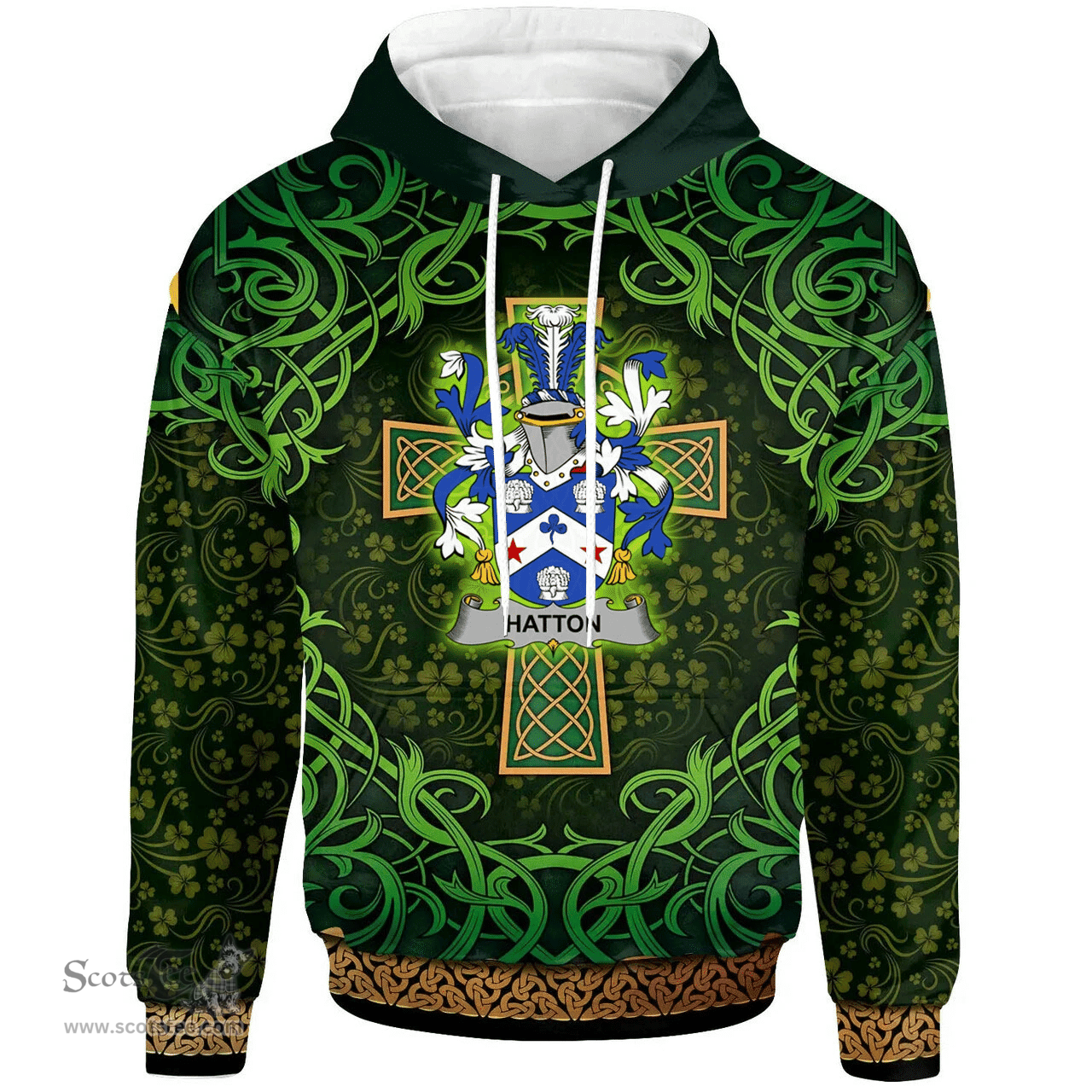 ScotsTee Shop Irish Hatton or McIlhatton Coat of Arms Family Crest Ireland Hoodie Celtic Cross Shamrock Patterns