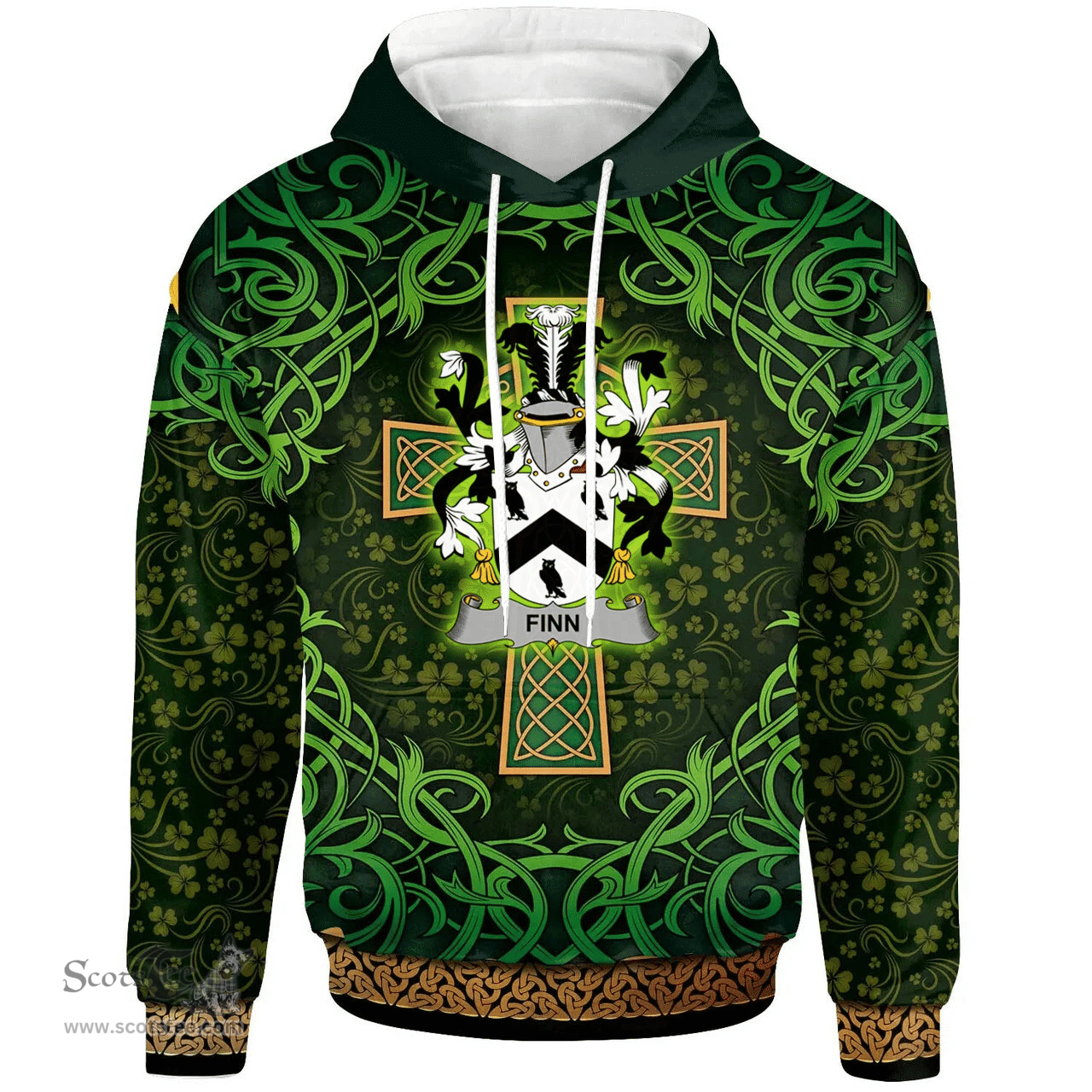 ScotsTee Shop Irish Finn or O'Finn Coat of Arms Family Crest Ireland Hoodie Celtic Cross Shamrock Patterns