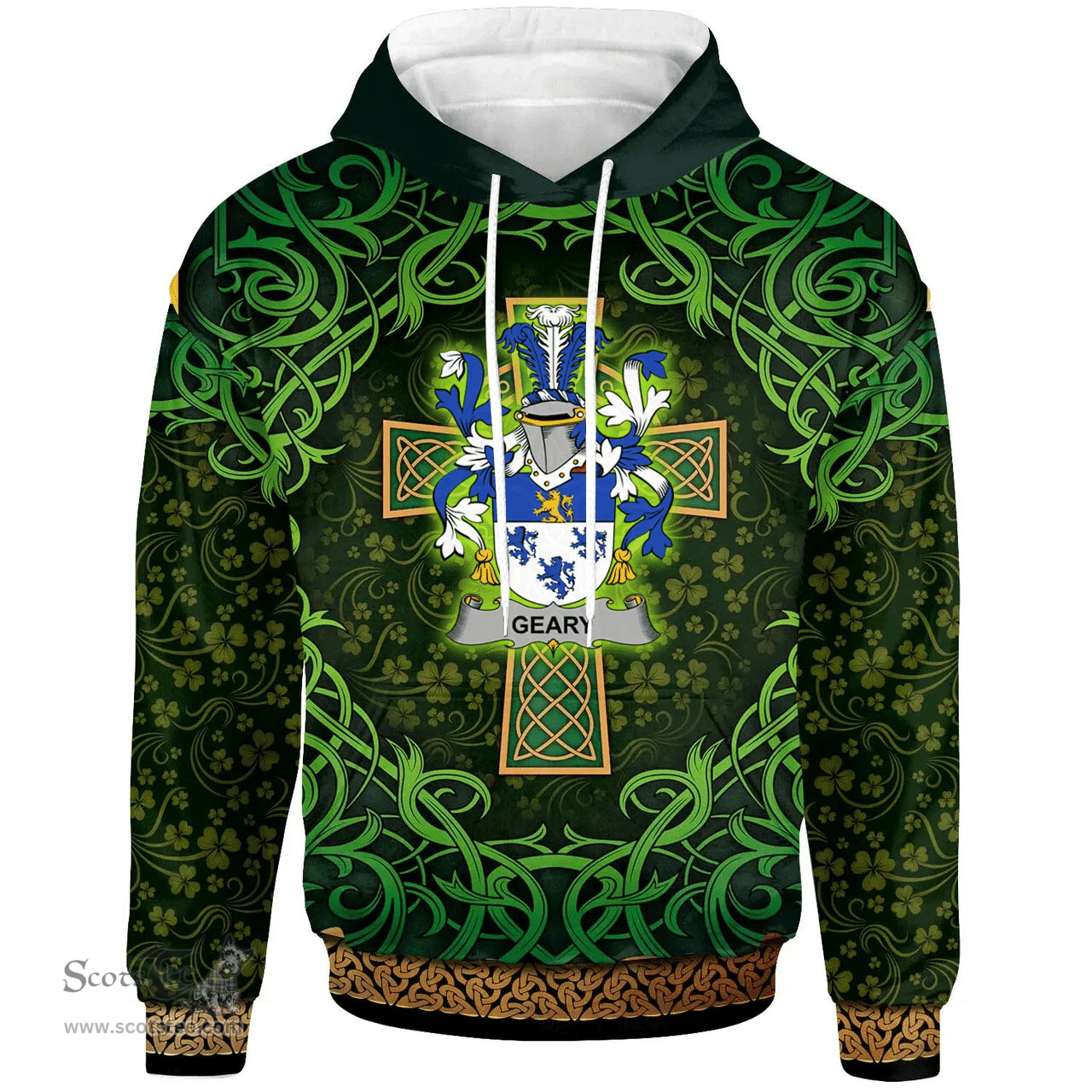 ScotsTee Shop Irish Geary or O'Geary Coat of Arms Family Crest Ireland Hoodie Celtic Cross Shamrock Patterns