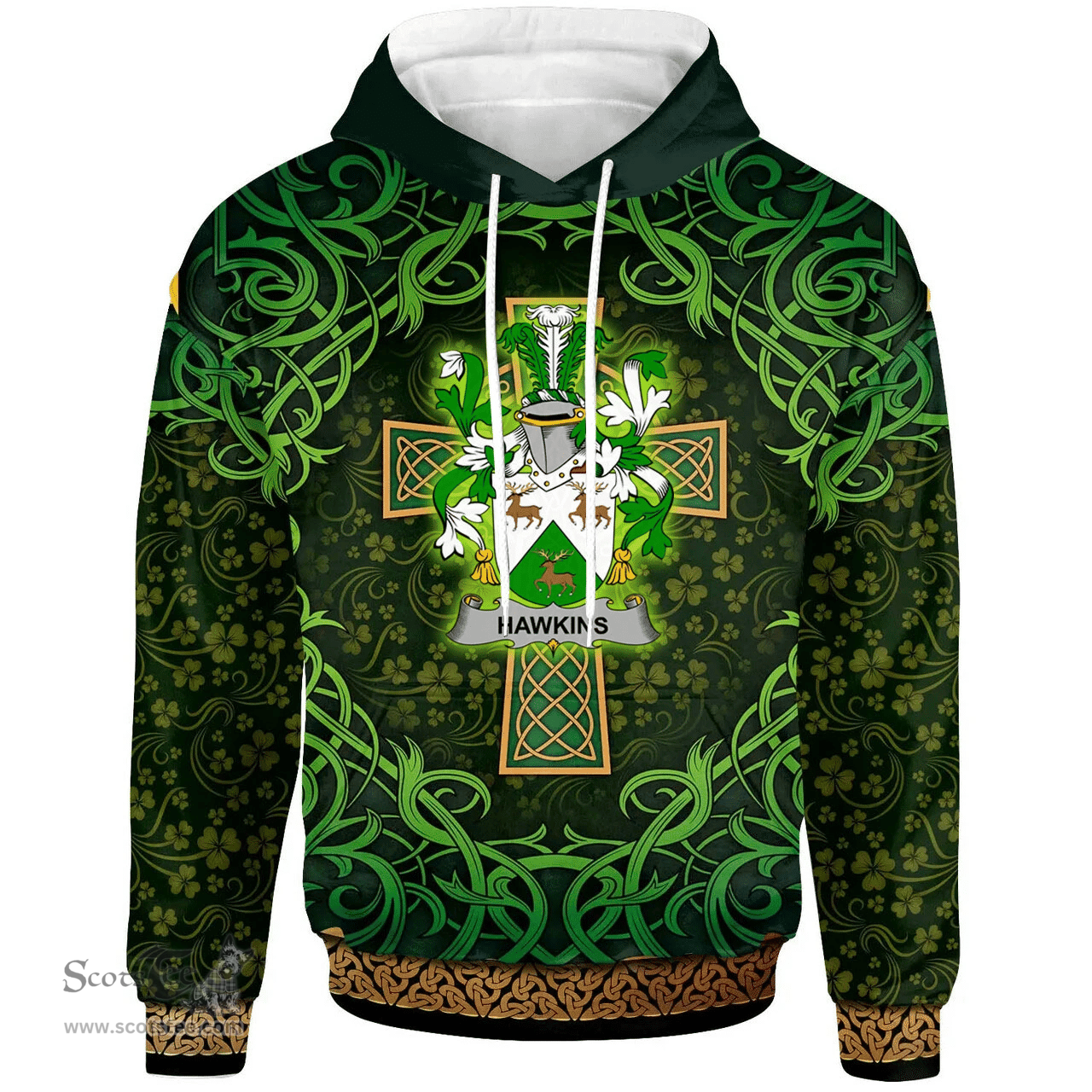 ScotsTee Shop Irish Hawkins or Haughan Coat of Arms Family Crest Ireland Hoodie Celtic Cross Shamrock Patterns