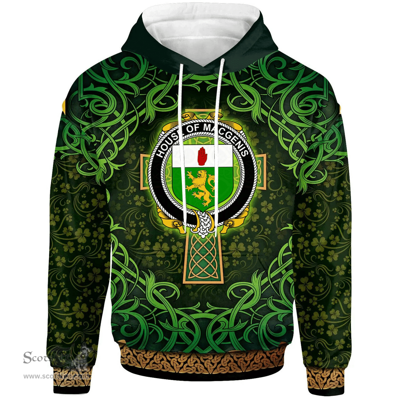 ScotsTee Shop Irish House of MACGENIS Coat of Arms Family Crest Ireland Hoodie Celtic Cross Shamrock Patterns