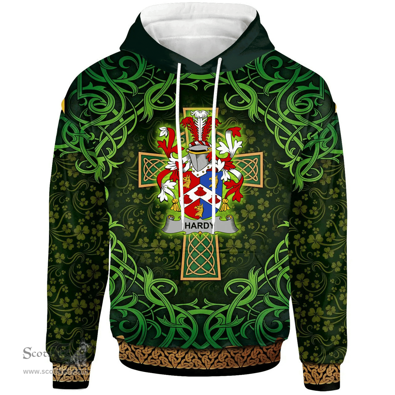 ScotsTee Shop Irish Hardy Coat of Arms Family Crest Ireland Hoodie Celtic Cross Shamrock Patterns