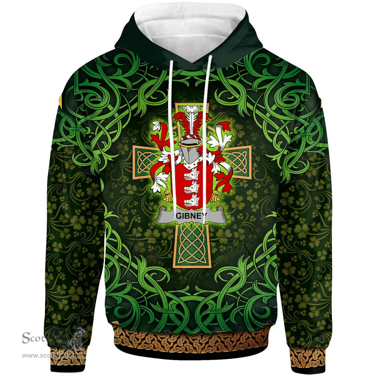 ScotsTee Shop Irish Gibney or O'Gibney Coat of Arms Family Crest Ireland Hoodie Celtic Cross Shamrock Patterns