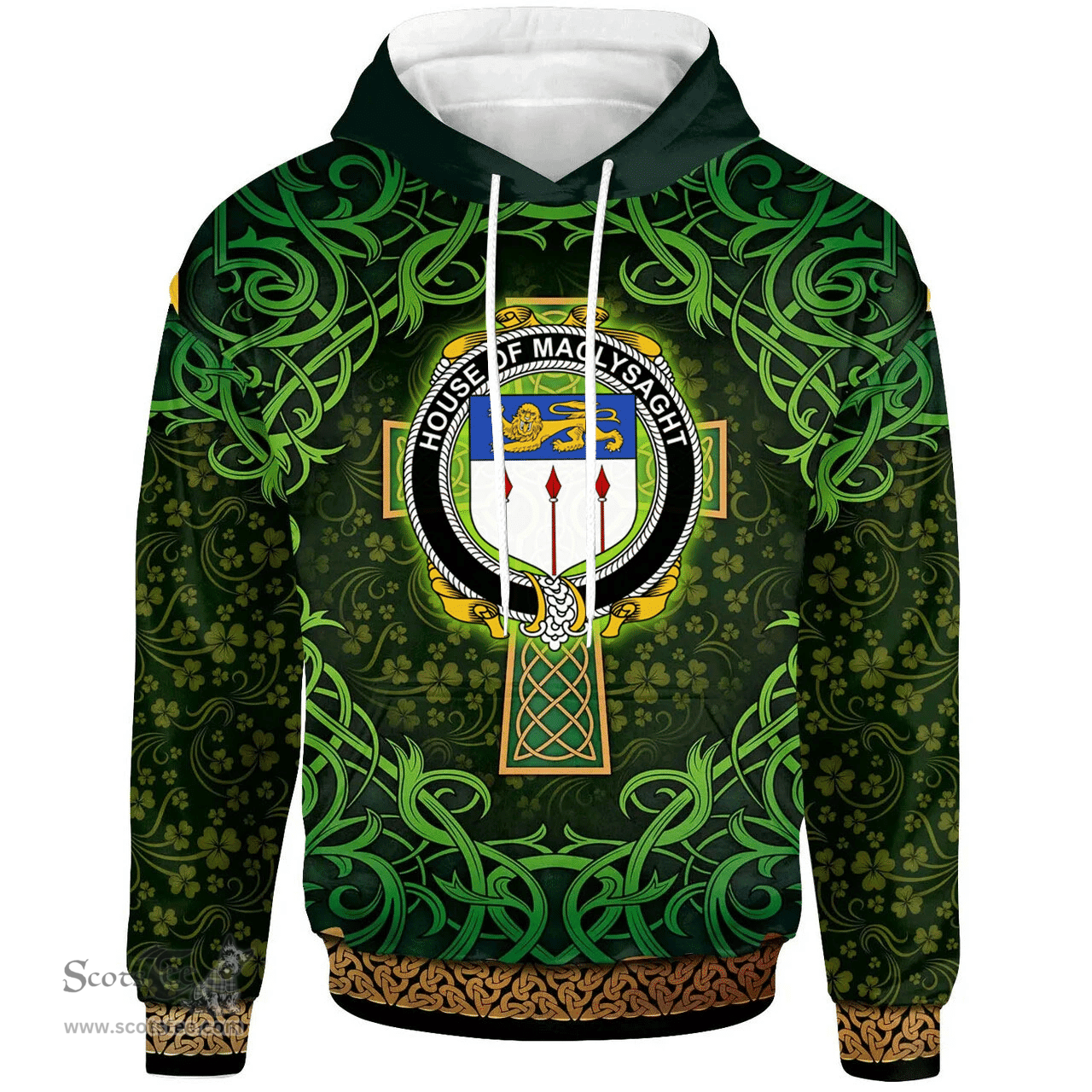 ScotsTee Shop Irish House of MACLYSAGHT Coat of Arms Family Crest Ireland Hoodie Celtic Cross Shamrock Patterns
