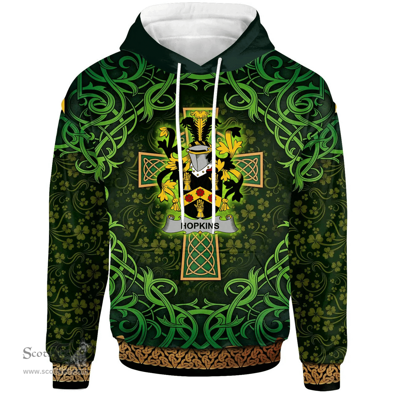 ScotsTee Shop Irish Hopkins Coat of Arms Family Crest Ireland Hoodie Celtic Cross Shamrock Patterns