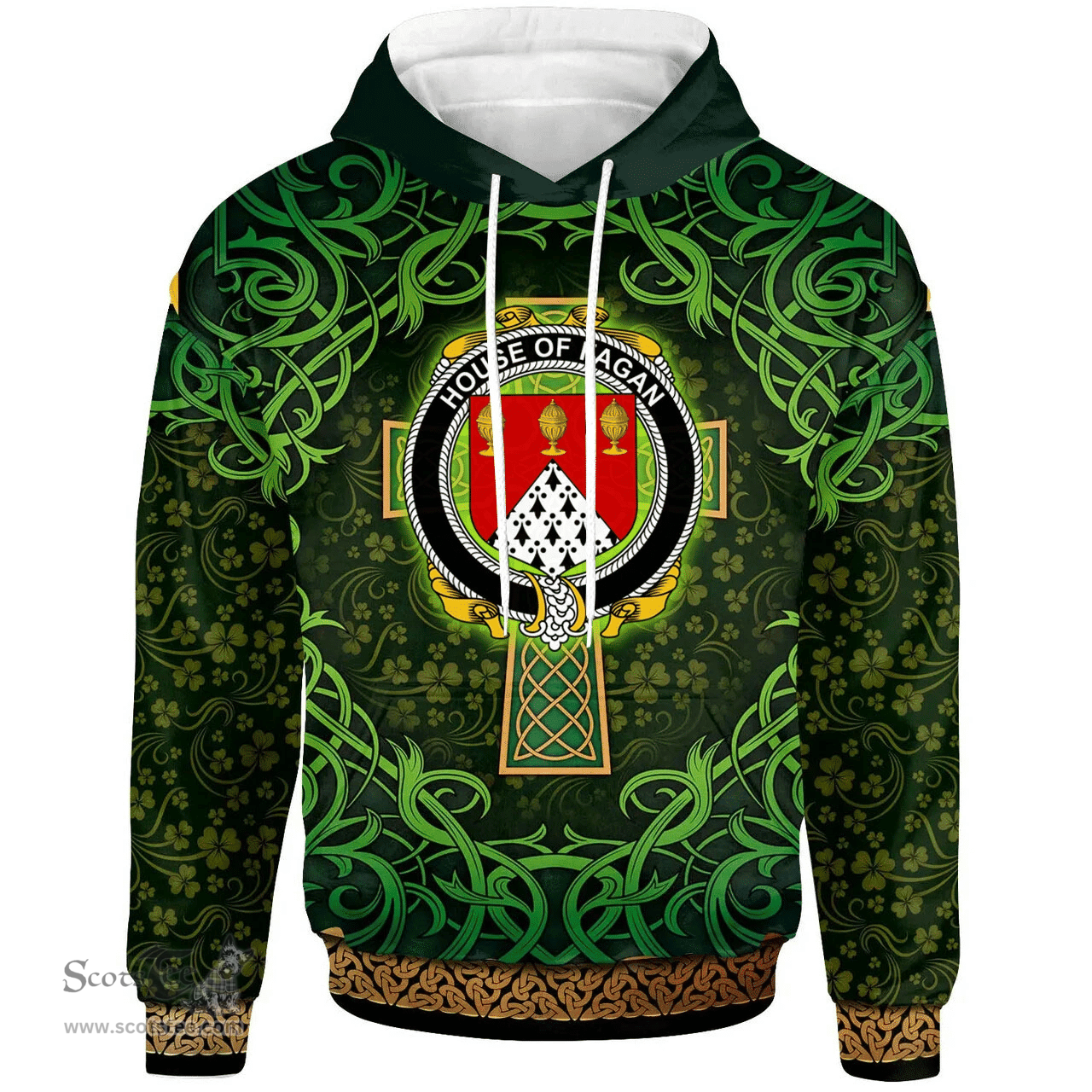 ScotsTee Shop Irish House of FAGAN Coat of Arms Family Crest Ireland Hoodie Celtic Cross Shamrock Patterns