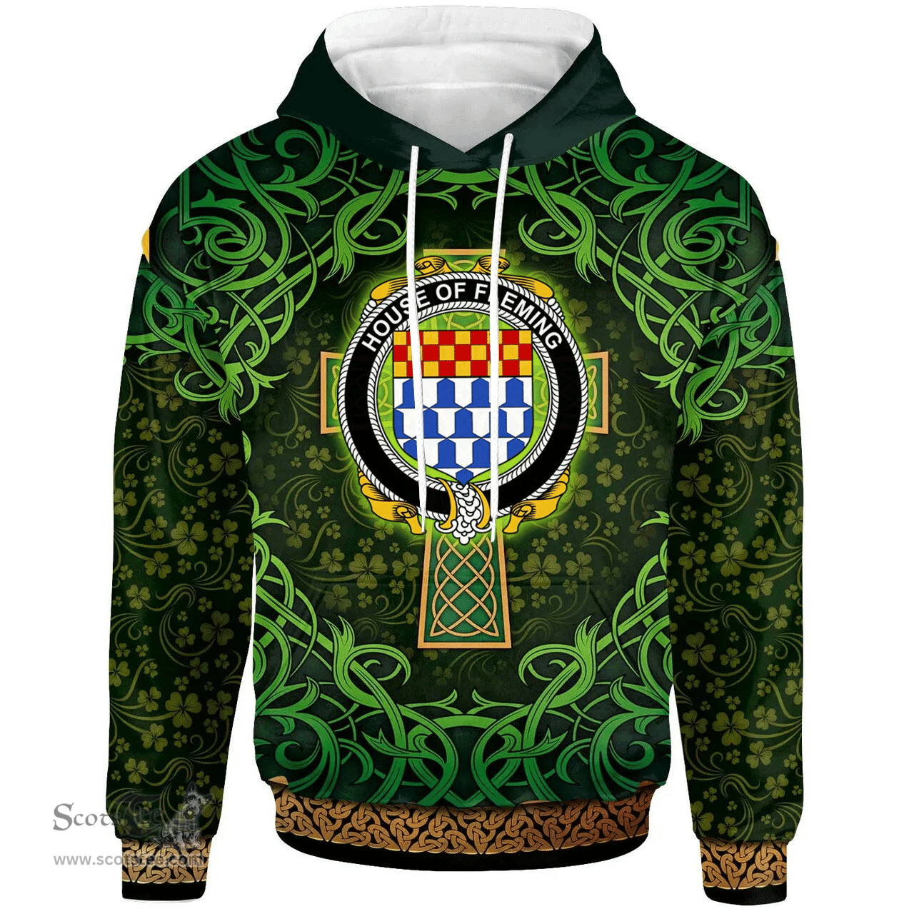 ScotsTee Shop Irish House of FLEMING Coat of Arms Family Crest Ireland Hoodie Celtic Cross Shamrock Patterns