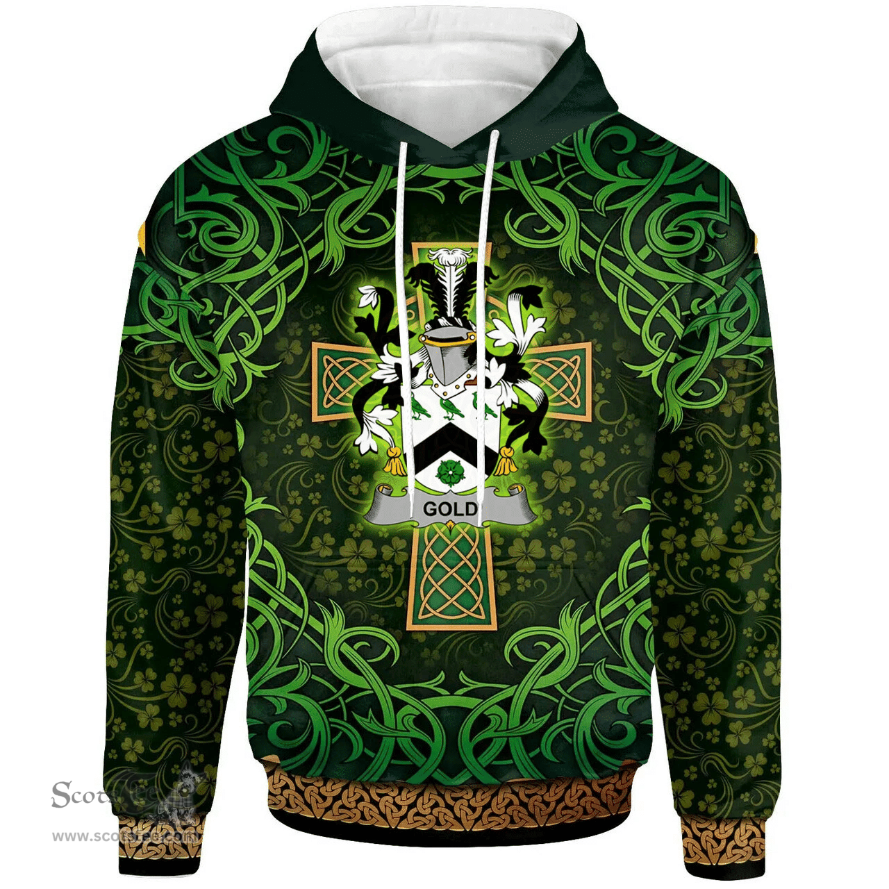 ScotsTee Shop Irish Gold Coat of Arms Family Crest Ireland Hoodie Celtic Cross Shamrock Patterns