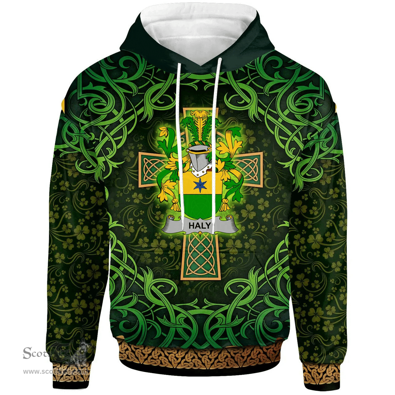 ScotsTee Shop Irish Haly or O'Haly Coat of Arms Family Crest Ireland Hoodie Celtic Cross Shamrock Patterns