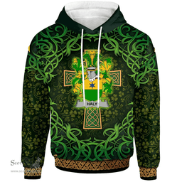 ScotsTee Shop Irish Haly or O'Haly Coat of Arms Family Crest Ireland Hoodie Celtic Cross Shamrock Patterns