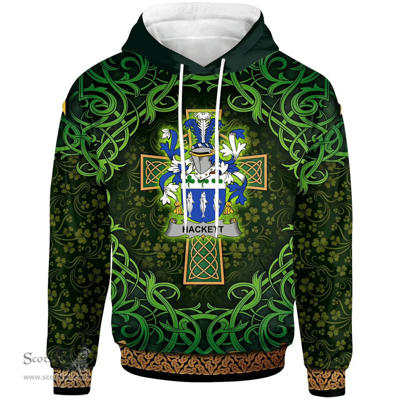 ScotsTee Shop Irish Hackett Coat of Arms Family Crest Ireland Hoodie Celtic Cross Shamrock Patterns